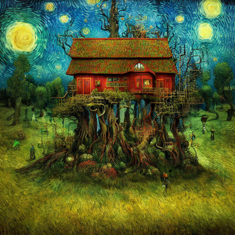 Colorful illustration: Red house on twisted tree roots under starry sky