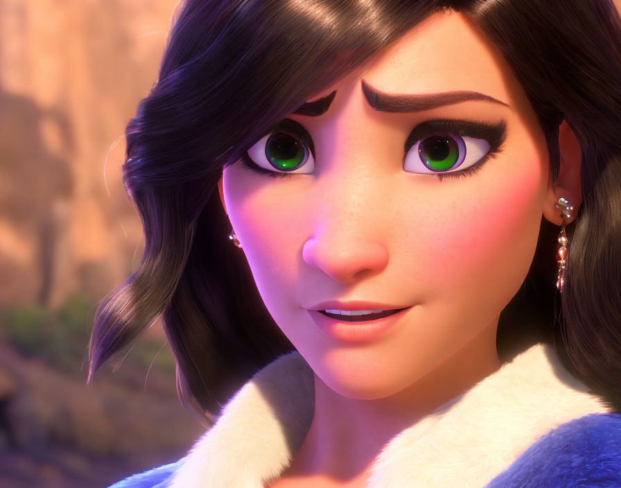 Detailed Close-Up of 3D Animated Female Character with Green Eyes and Earrings