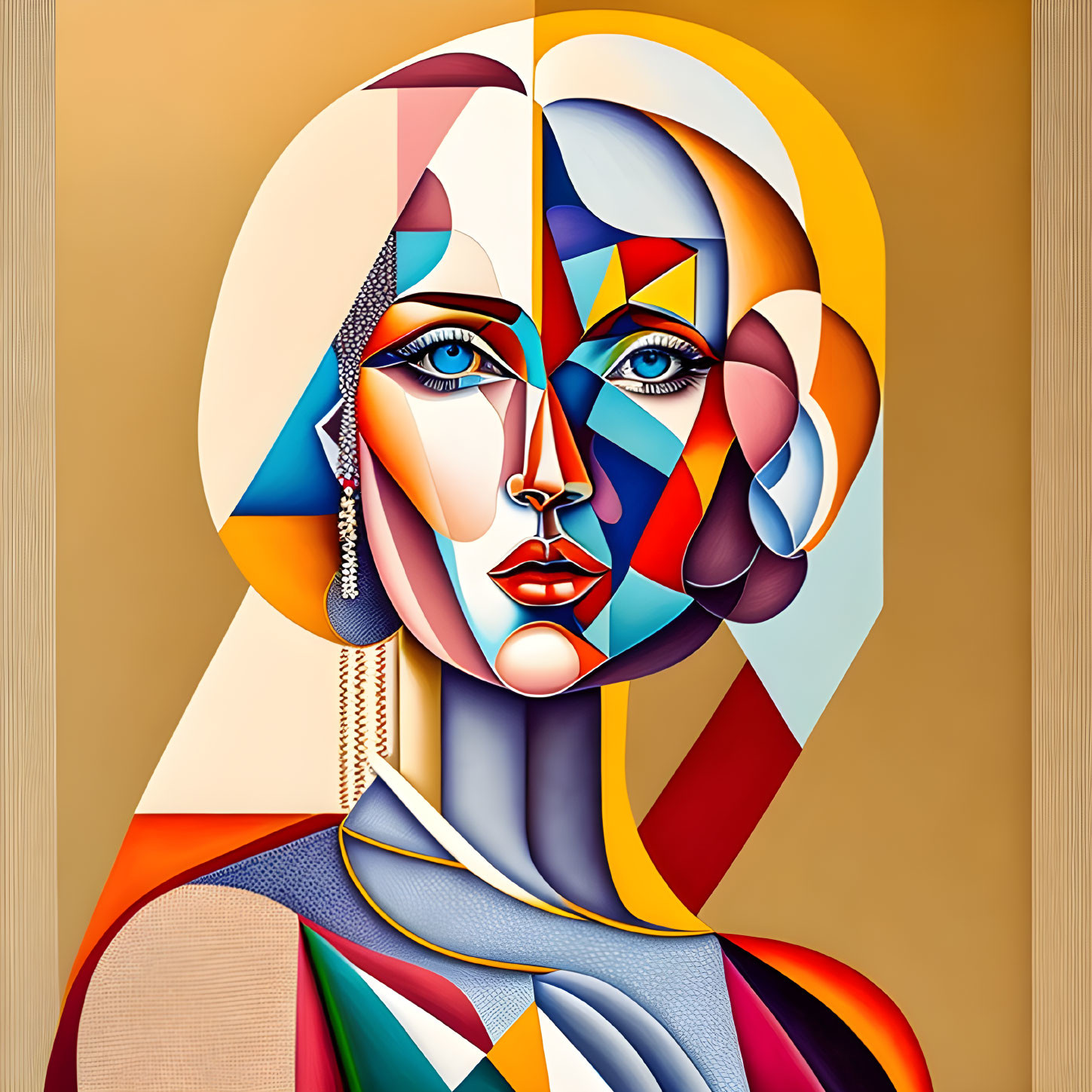 Vibrant cubist-style woman's face in red, blue, yellow tones