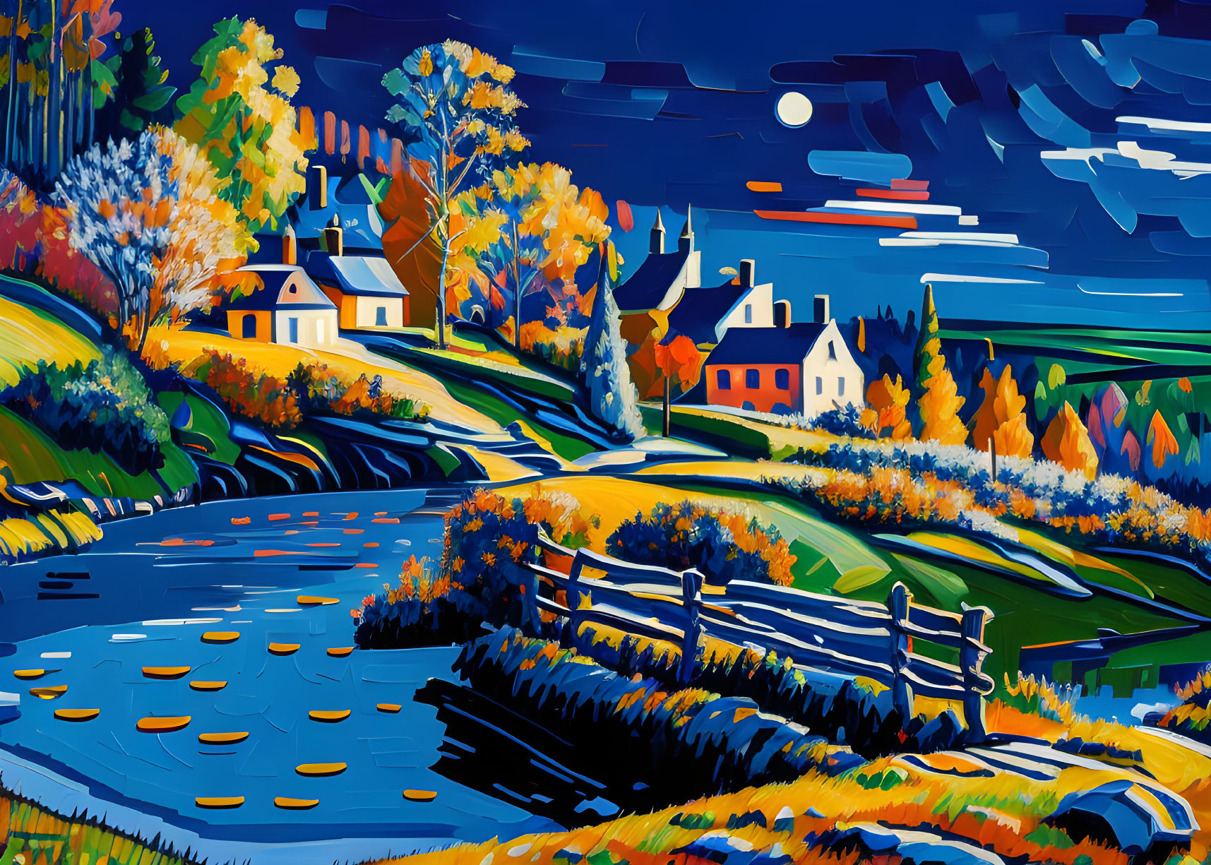 Colorful rural landscape painting with houses, trees, fence, river, and moon