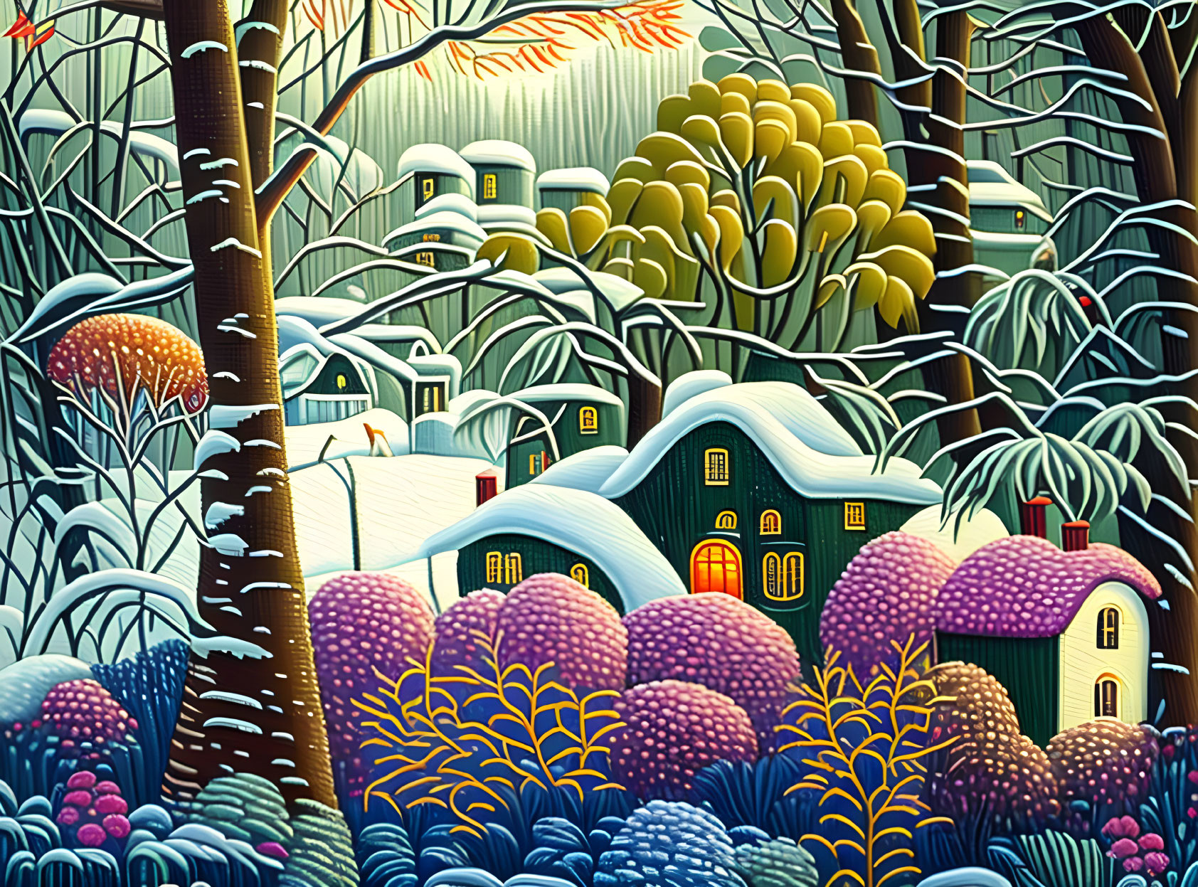 Colorful winter village scene with strong outlines and patterns