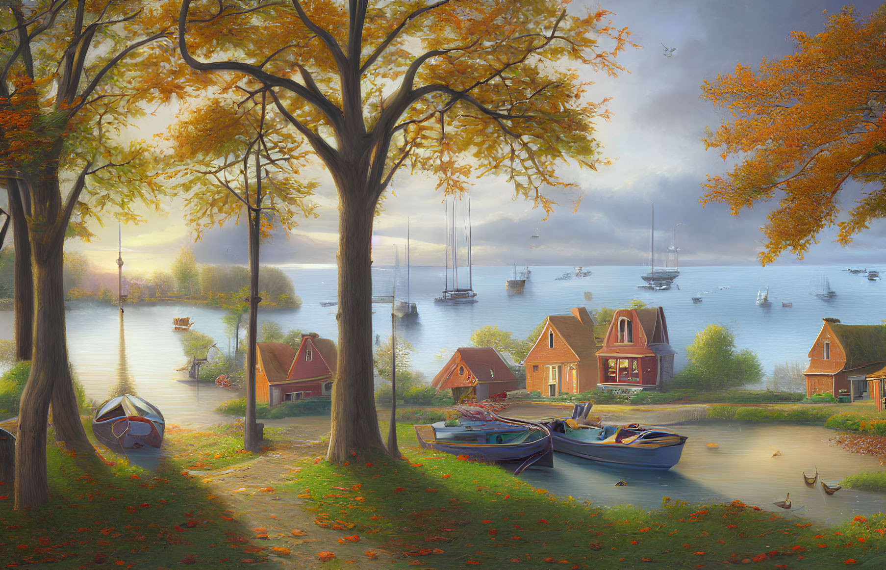 Autumn harbor scene with boats, fall foliage, waterside houses, warm sunlight, and misty