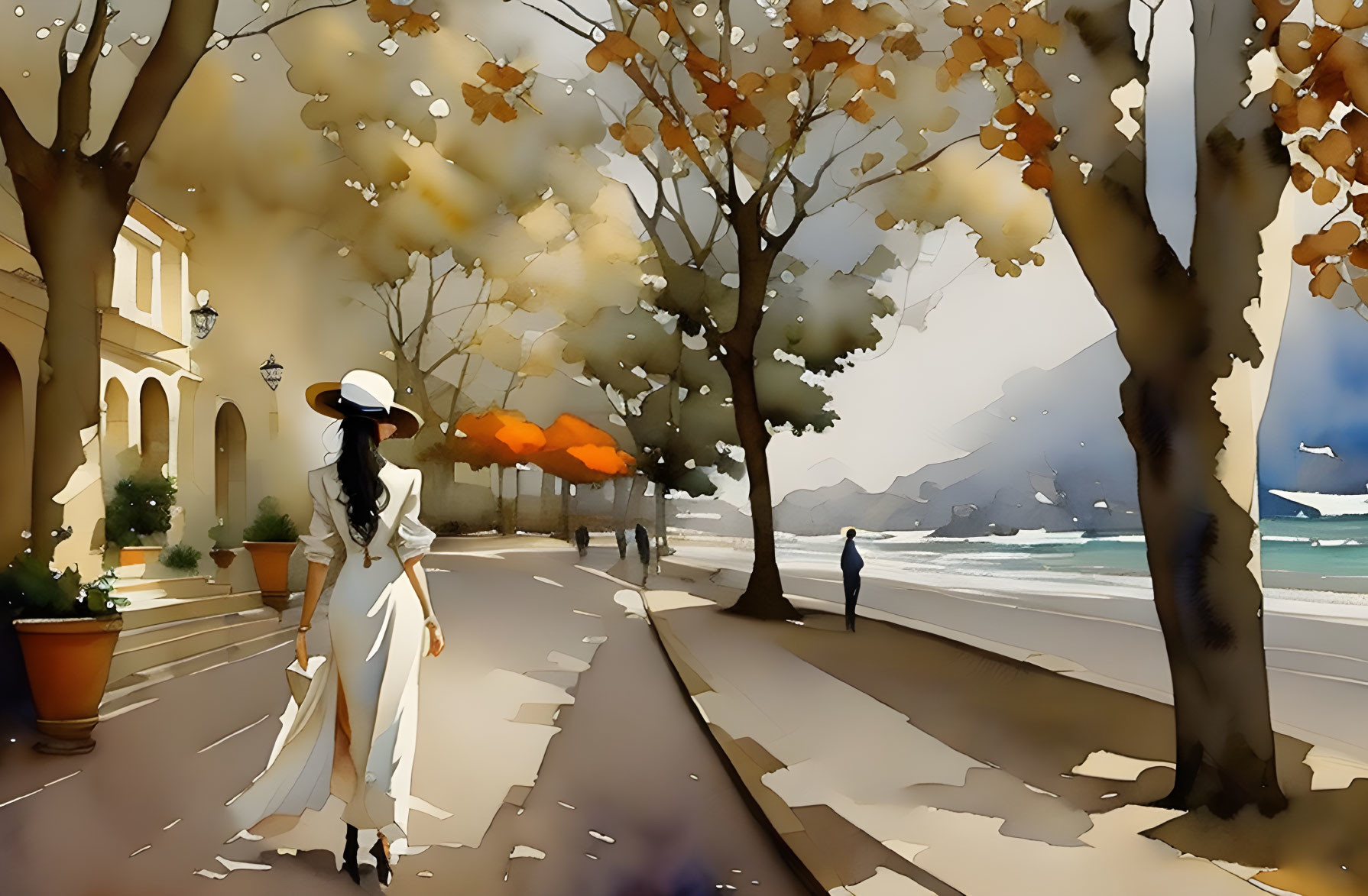 Person in white outfit and hat at seaside promenade with autumn trees and distant mountains