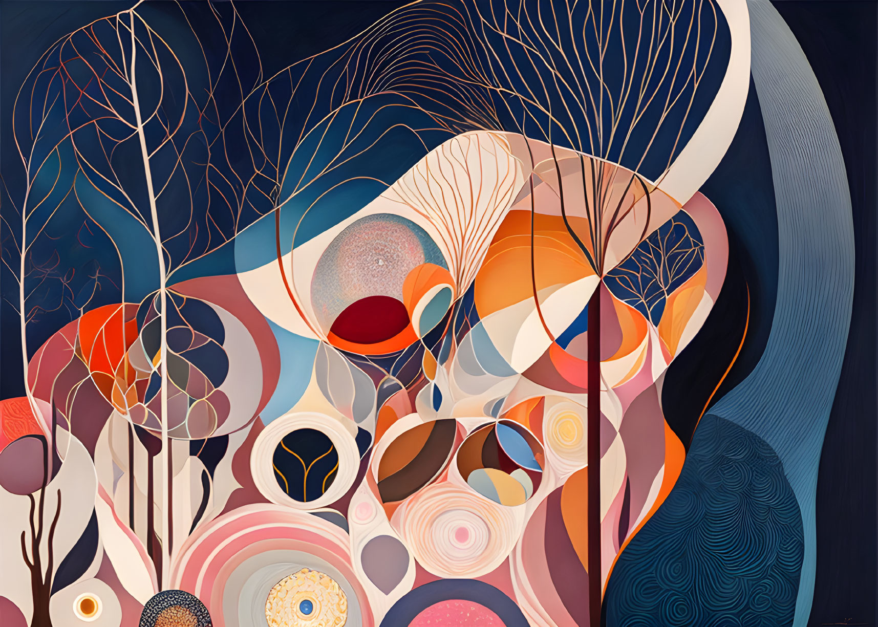 Swirling patterns and organic shapes in blue, orange, and cream palette with tree-like line work