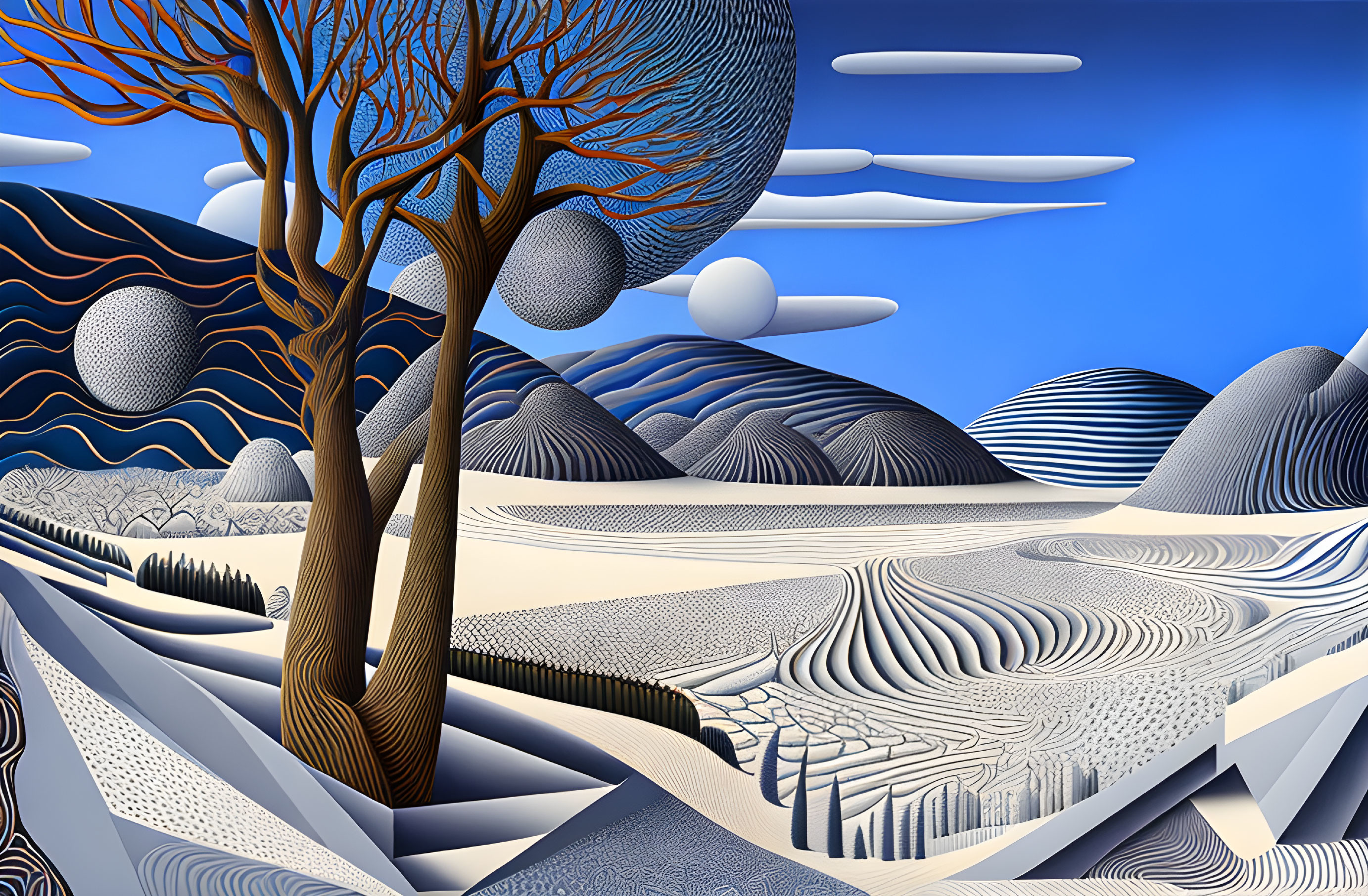 Surreal landscape with stylized tree, rolling hills, patterned fields, and layered clouds