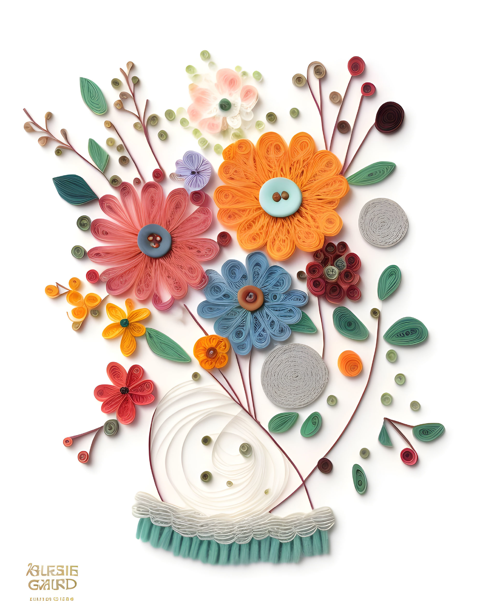 Colorful paper flowers and swirling patterns in intricate quilling artwork