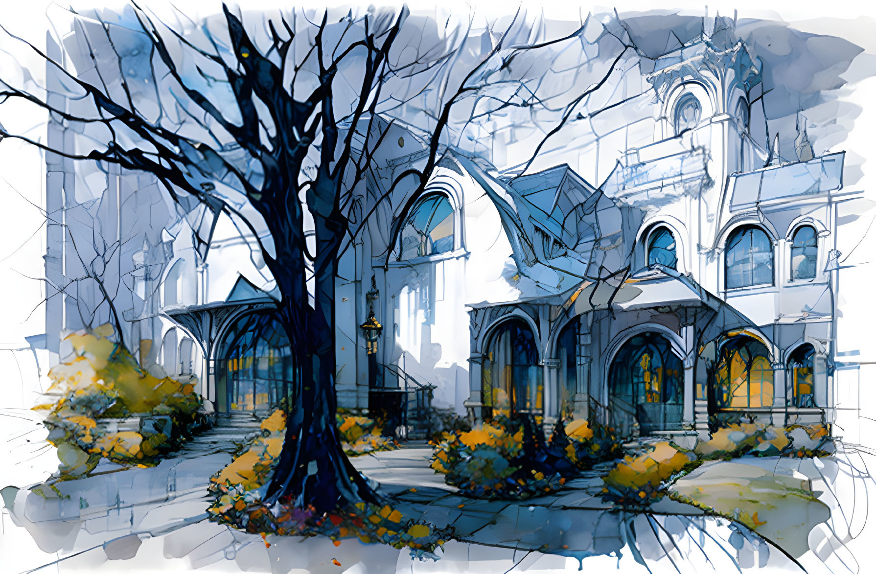 Blue-toned sketch: Gothic cathedral, bare tree, autumn leaves.