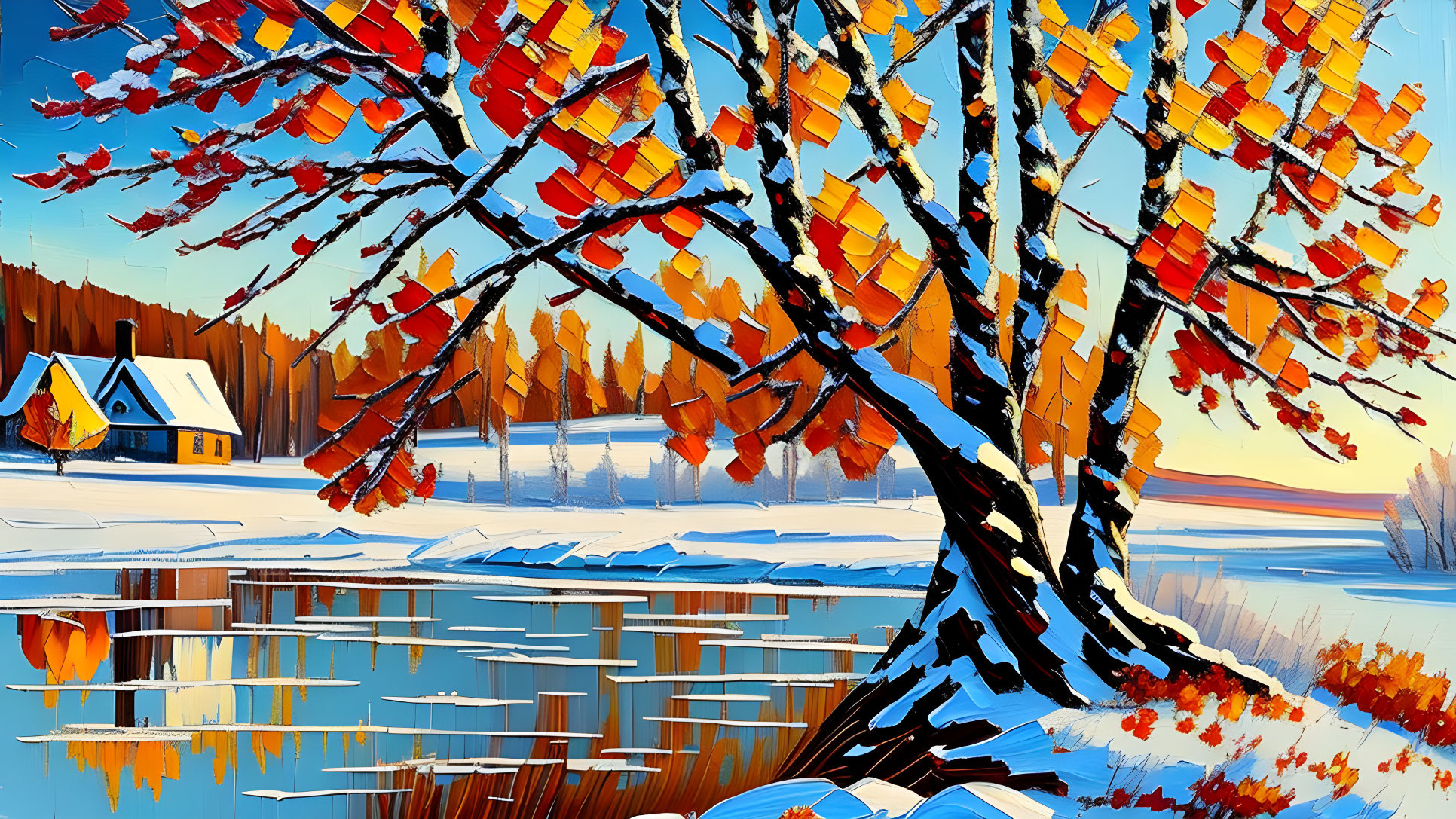 Colorful autumn tree overlooking snowy landscape with small house by lake at sunset