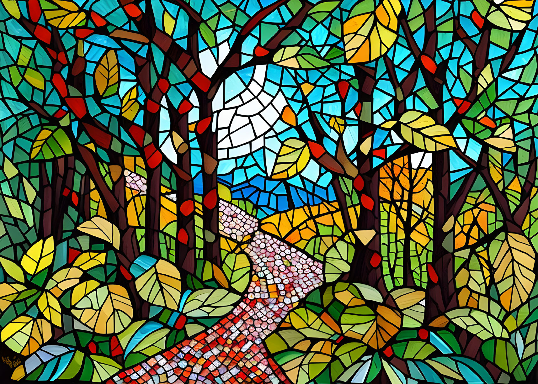 Colorful Stained Glass Forest Scene with Winding Path