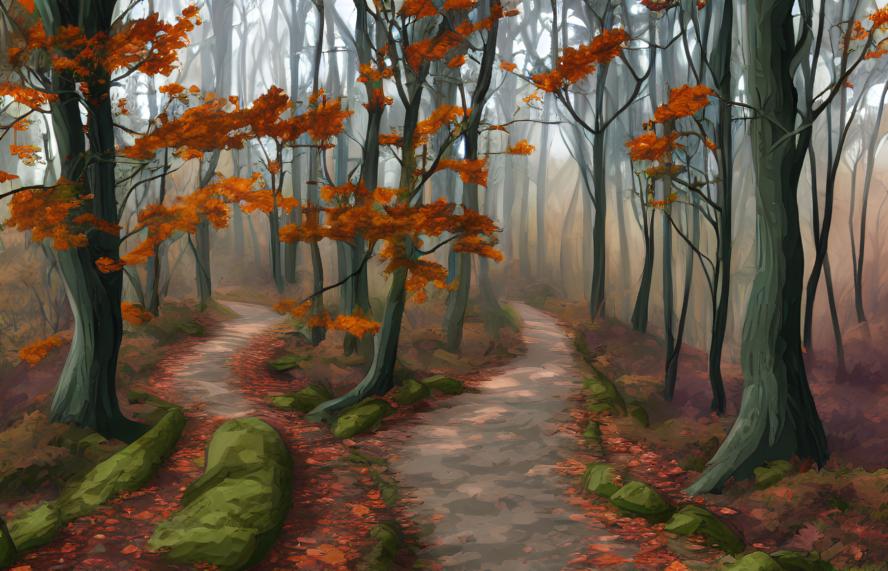 Scenic autumn forest path with orange leaves, fog, and moss-covered rocks