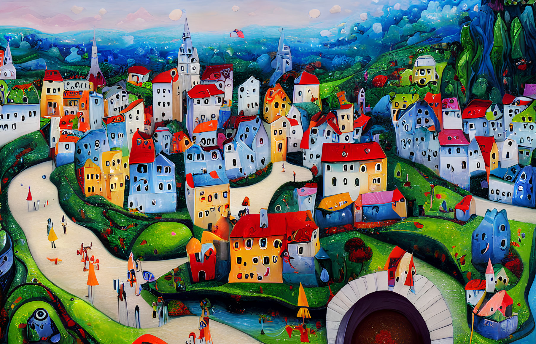 Vibrant village painting with stylized houses and miniature figures