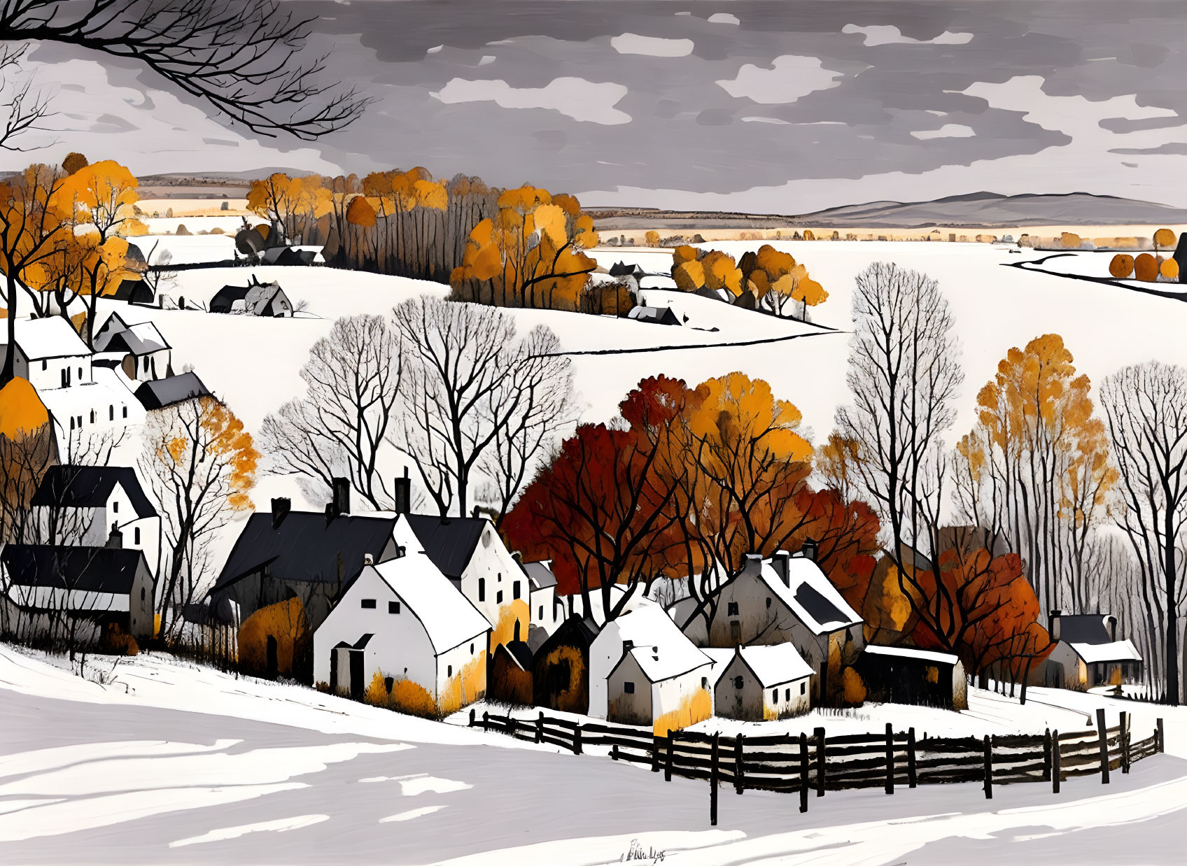 Stylized rural snowy landscape with white houses and autumn foliage