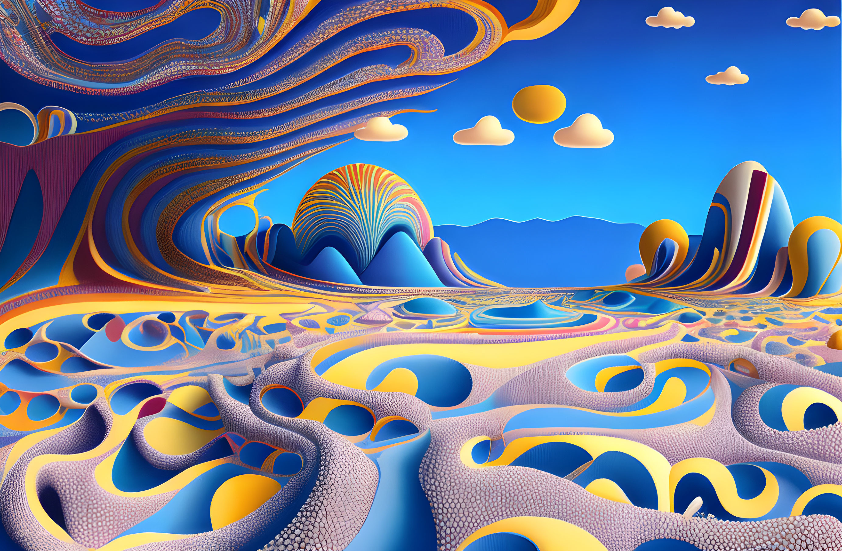 Colorful surreal landscape with swirling patterns and stylized clouds