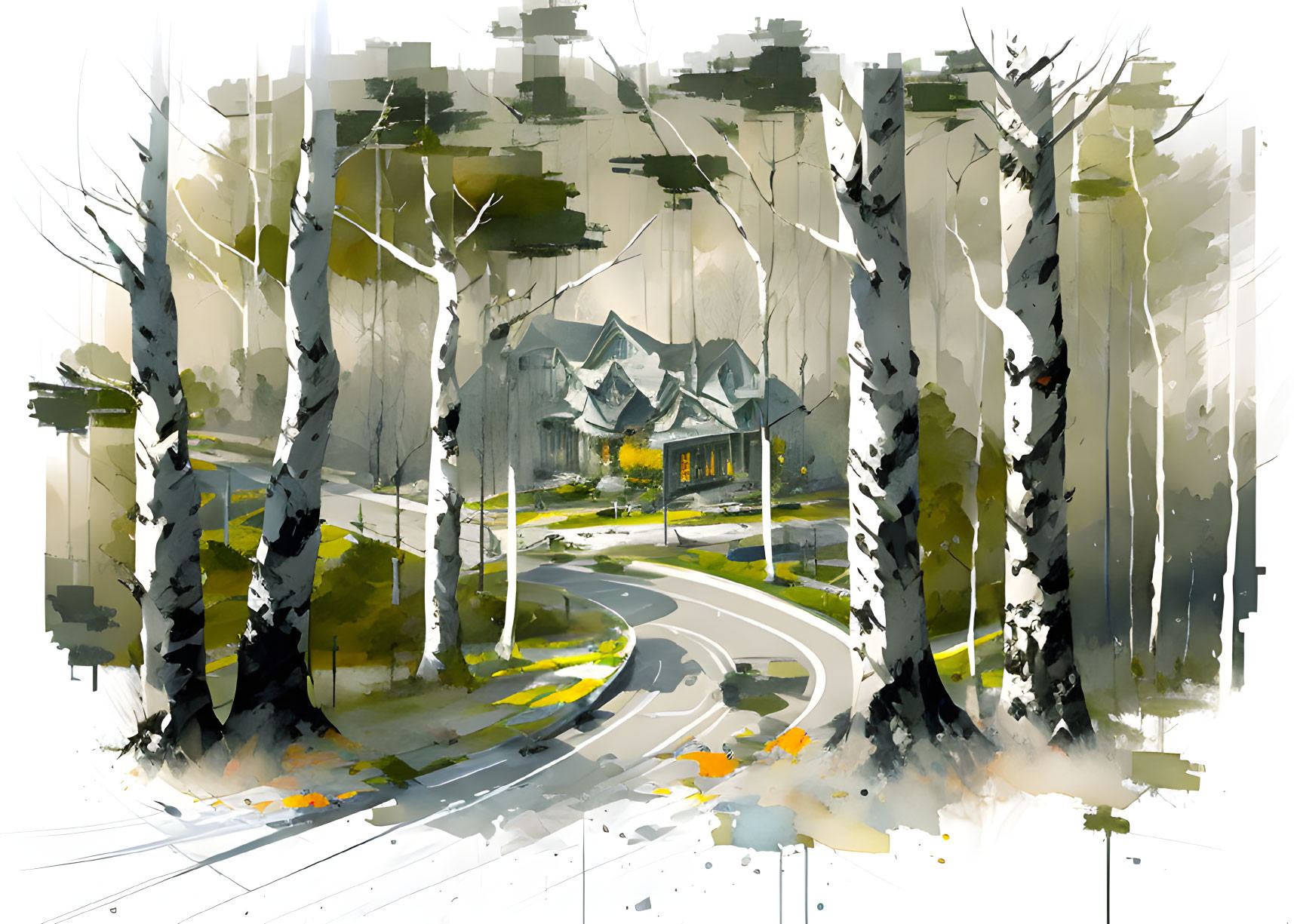 Stylized painting of winding road to secluded house among tall trees