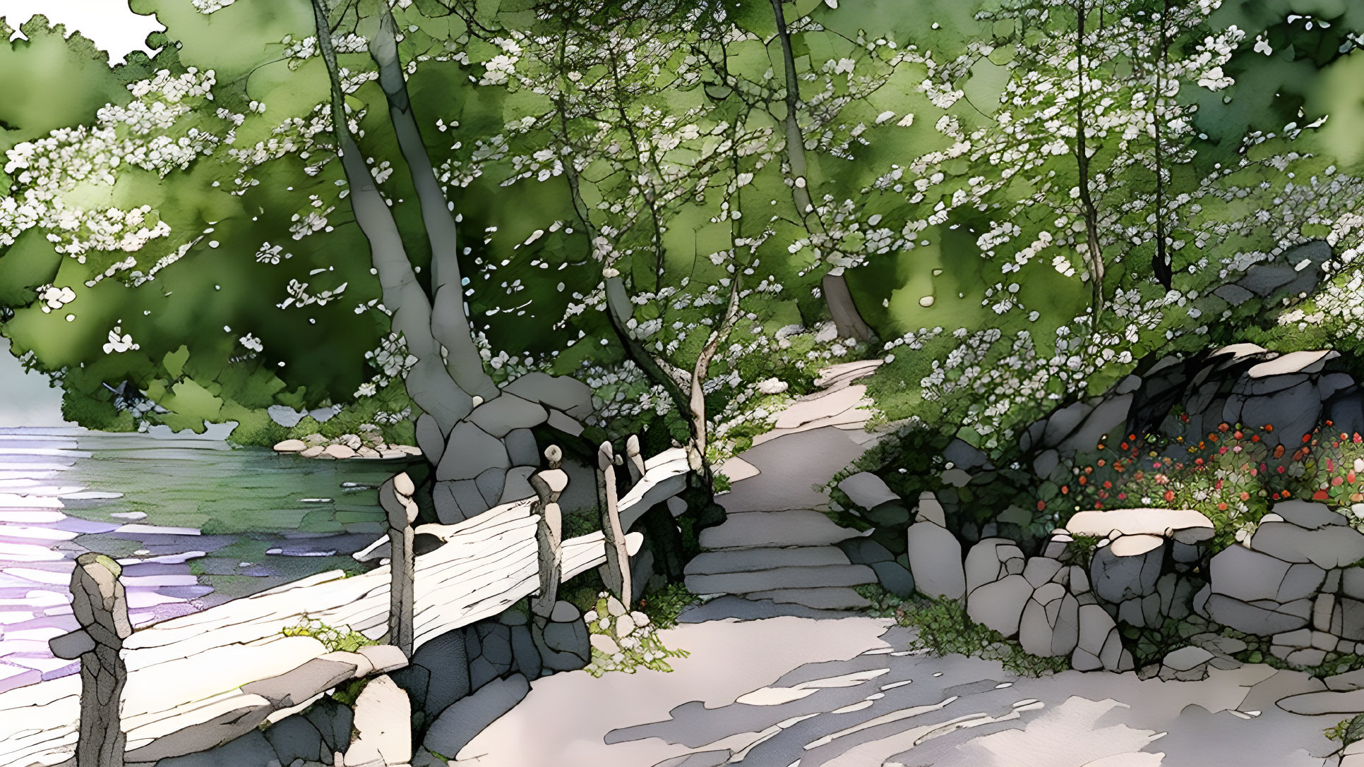 Tranquil lakeside path with blossoming trees and rustic fence