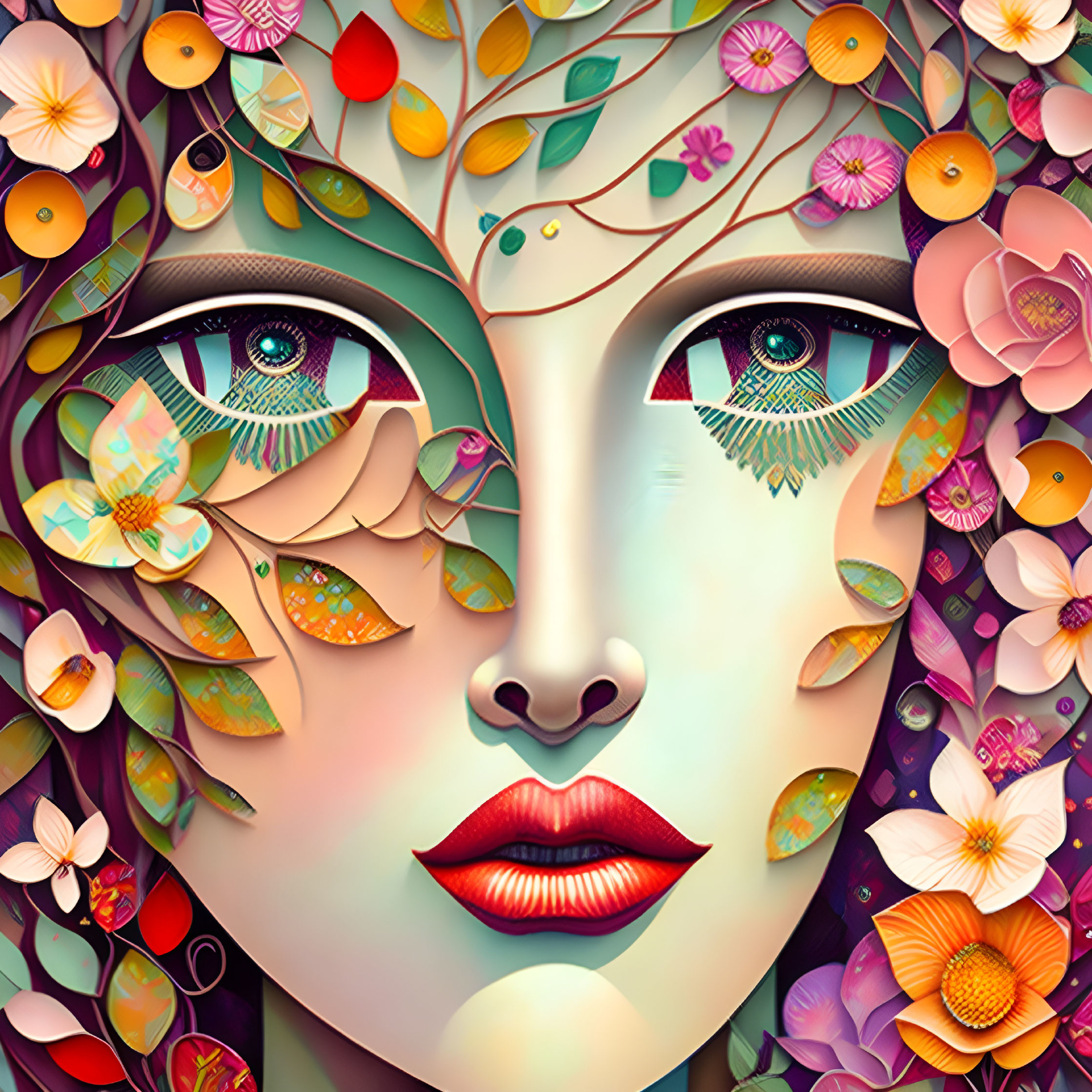 Colorful floral and nature motifs on a woman's face with leaves and butterflies.