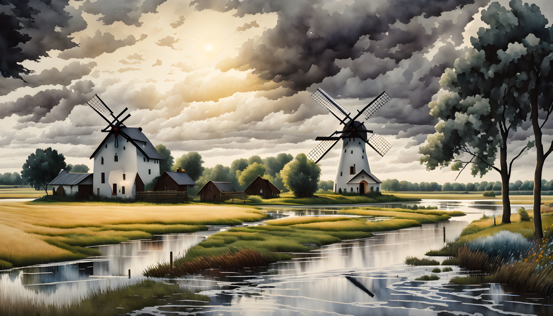 Tranquil landscape with traditional windmills, river reflections, lush greenery, and sunset sky