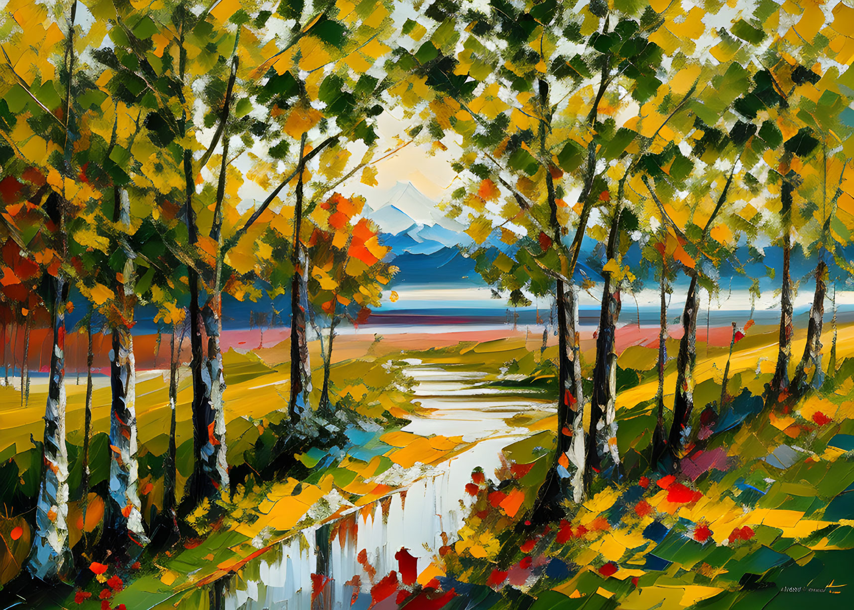 Colorful birch tree painting with autumn leaves by serene lake