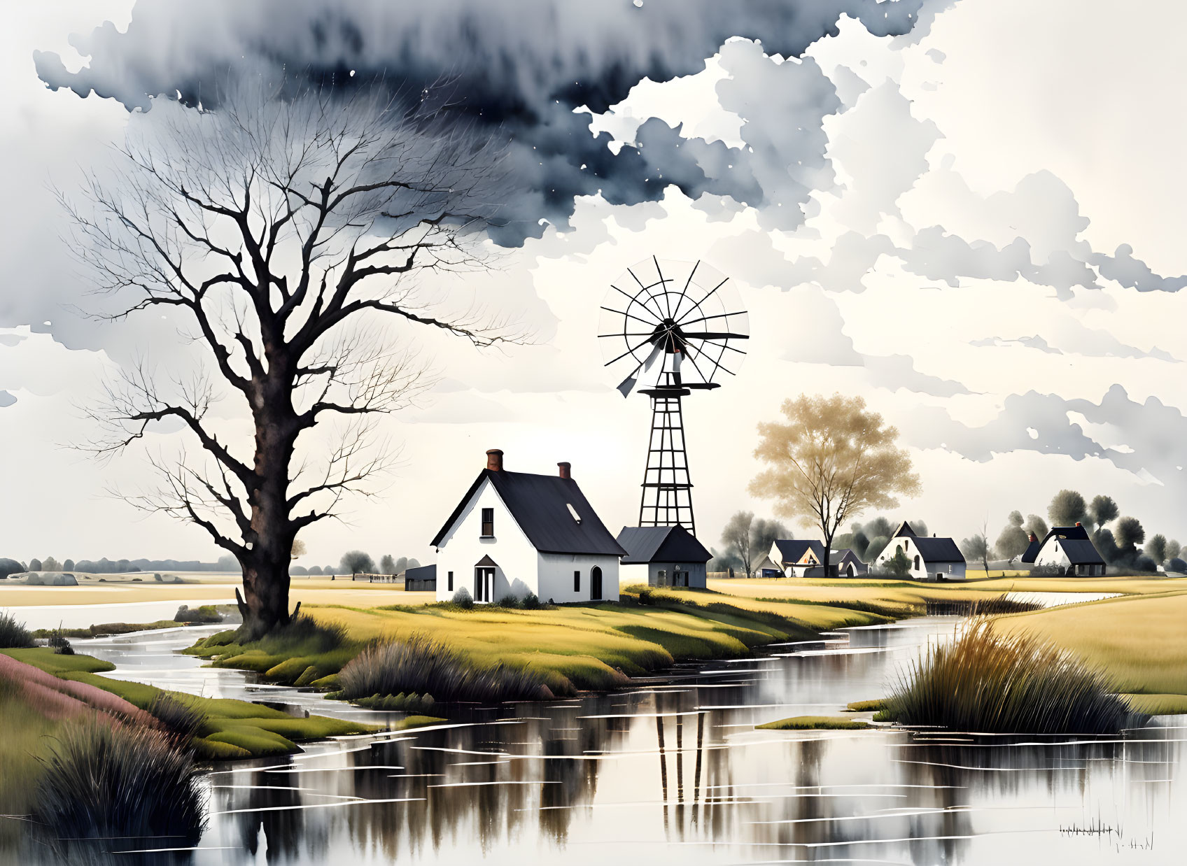 Tranquil countryside scene with white house, windmill, river, and tree