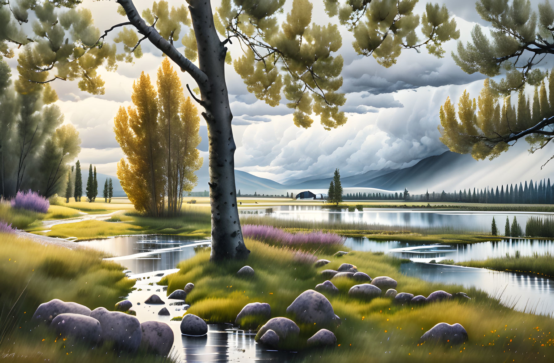 Tranquil river landscape with colorful trees and stormy mountains