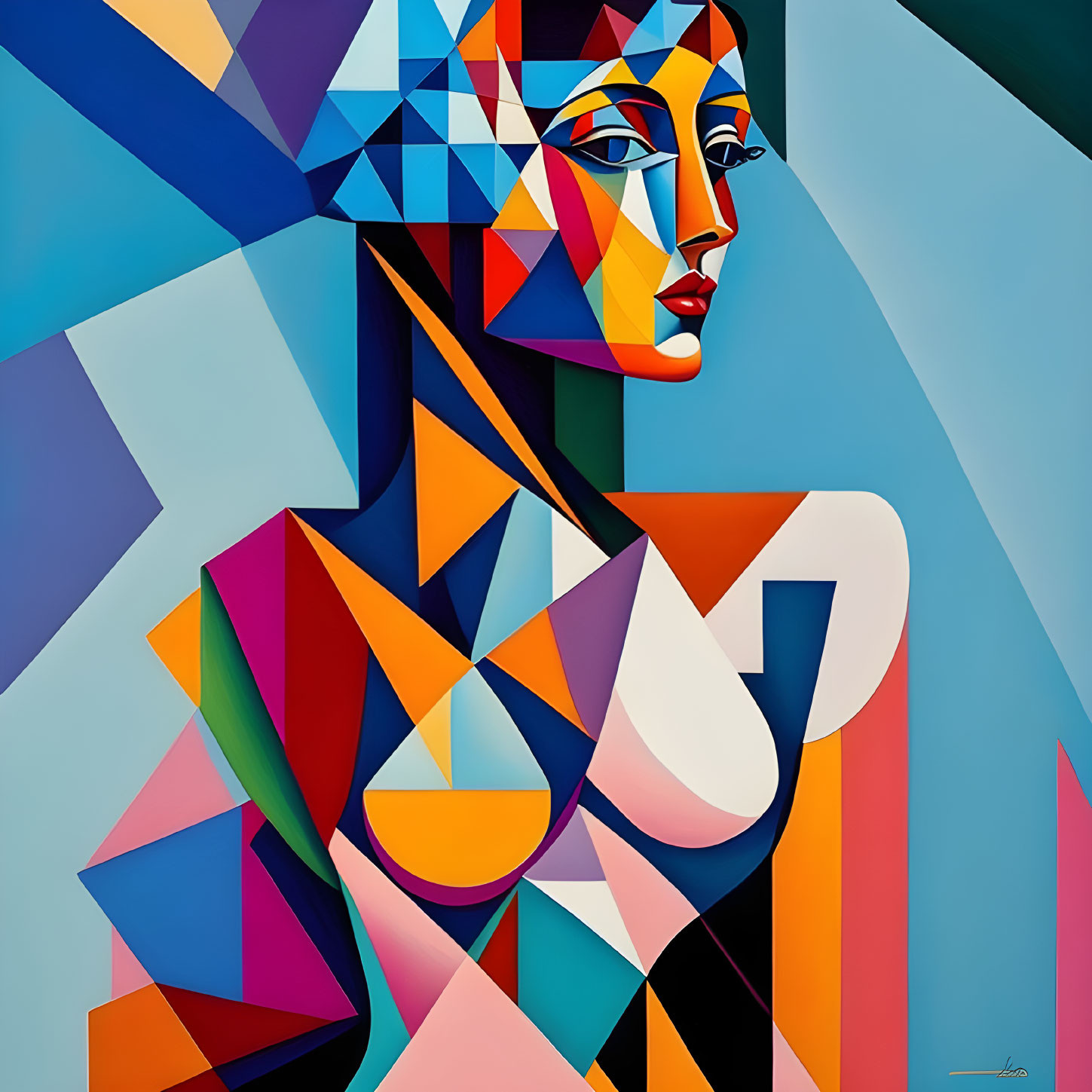 Colorful Cubist-Style Painting of Abstract Female Figure in Blues and Warm Tones