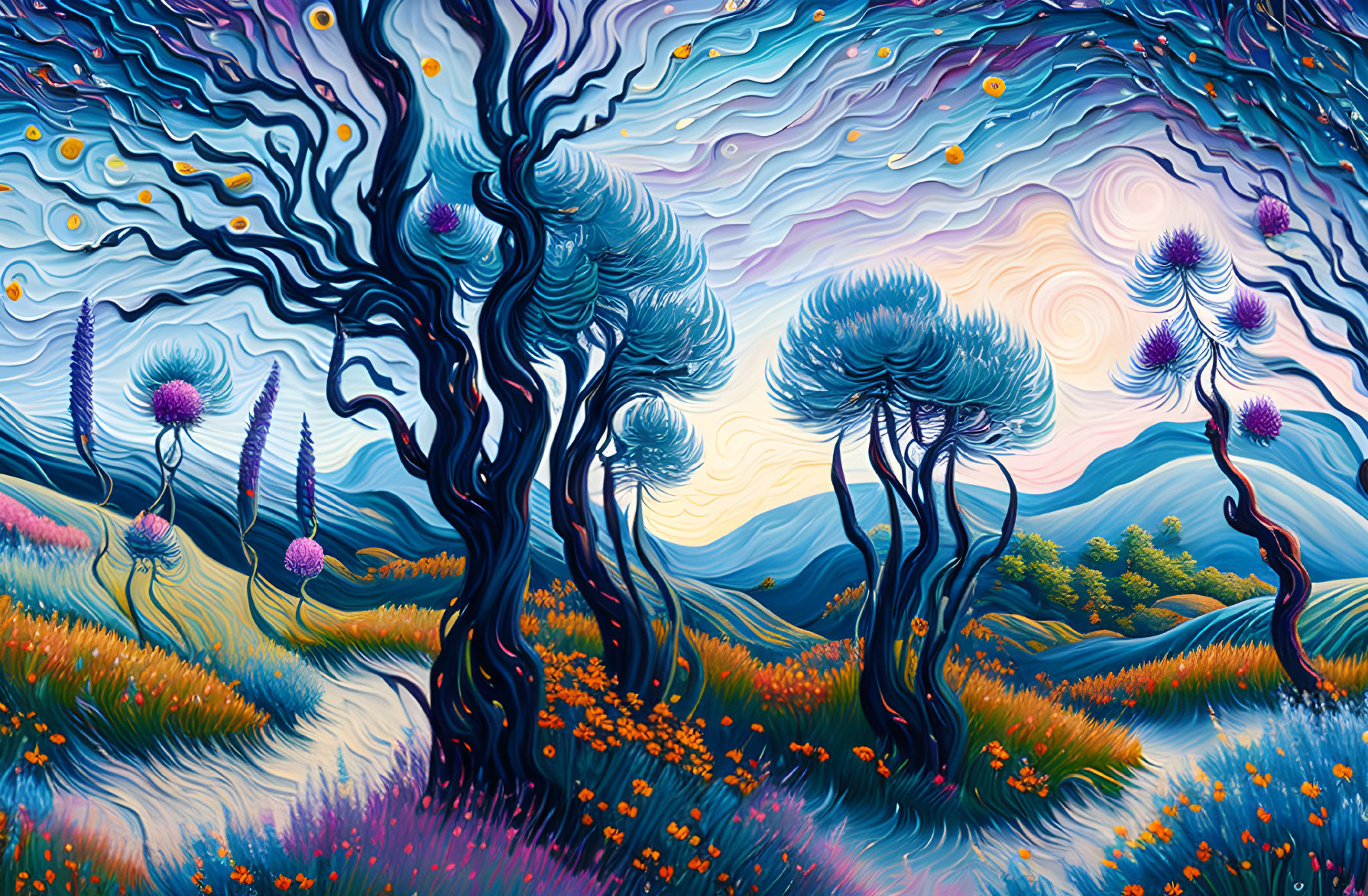 Colorful surreal landscape with swirling trees and patterned sky