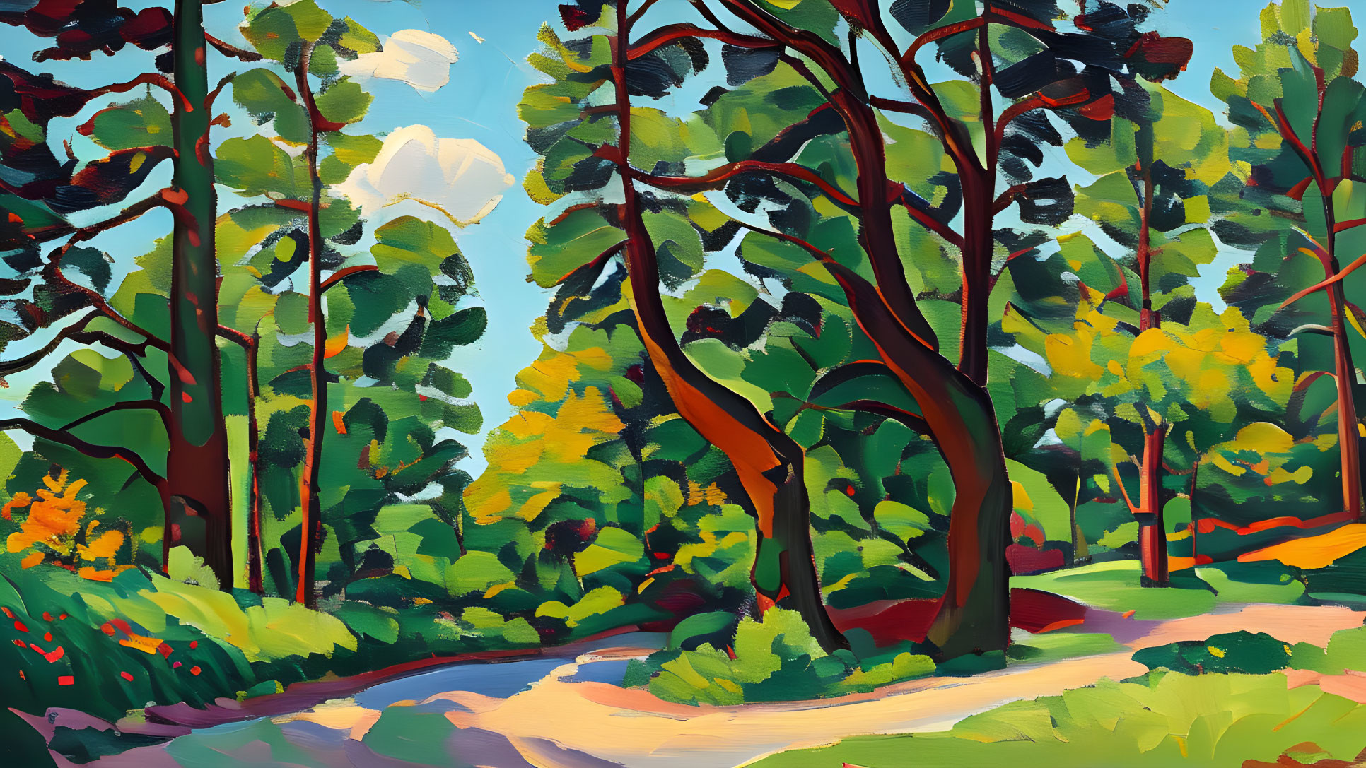 Colorful forest path painting with bold trees and clear blue sky