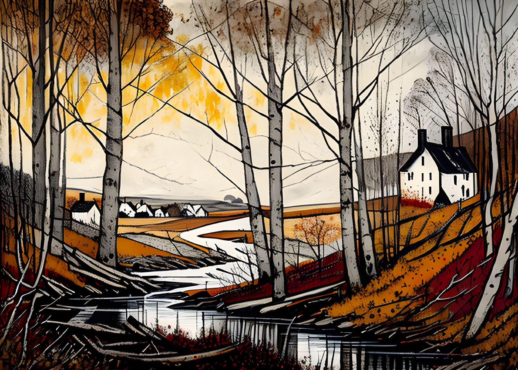 Autumnal landscape painting with white house, golden-brown trees, river, and patterned foreground