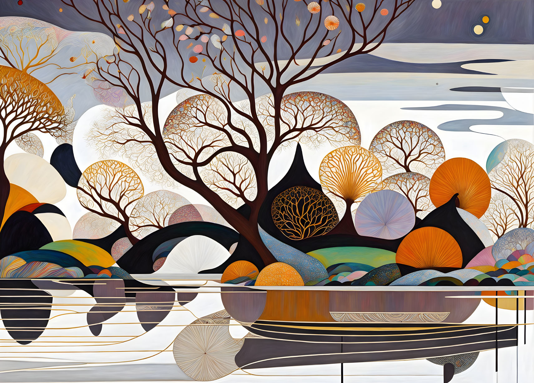 Abstract autumn forest painting with stylized trees and geometric shapes