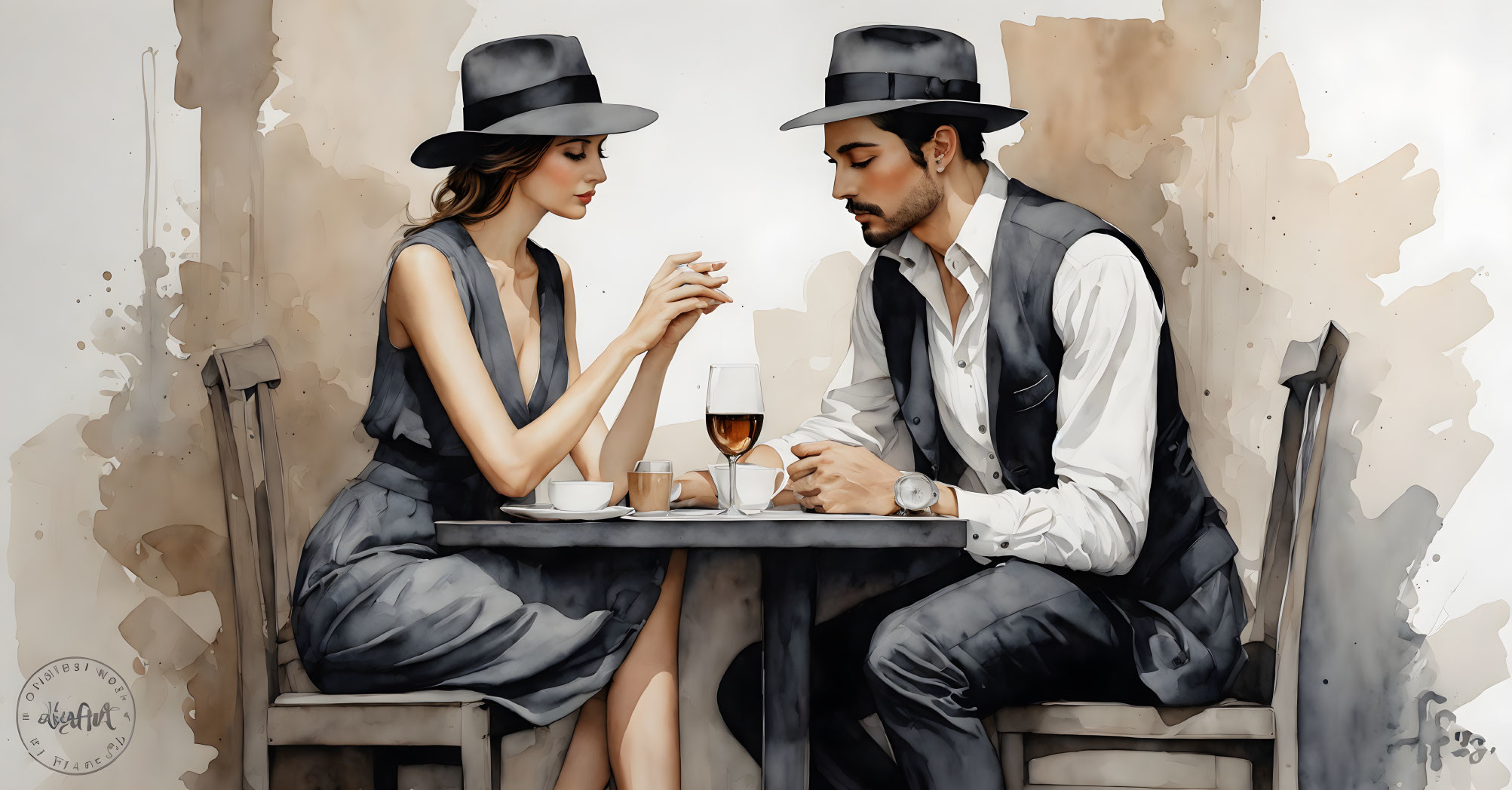 Stylized illustration of couple in elegant attire sharing romantic moment.