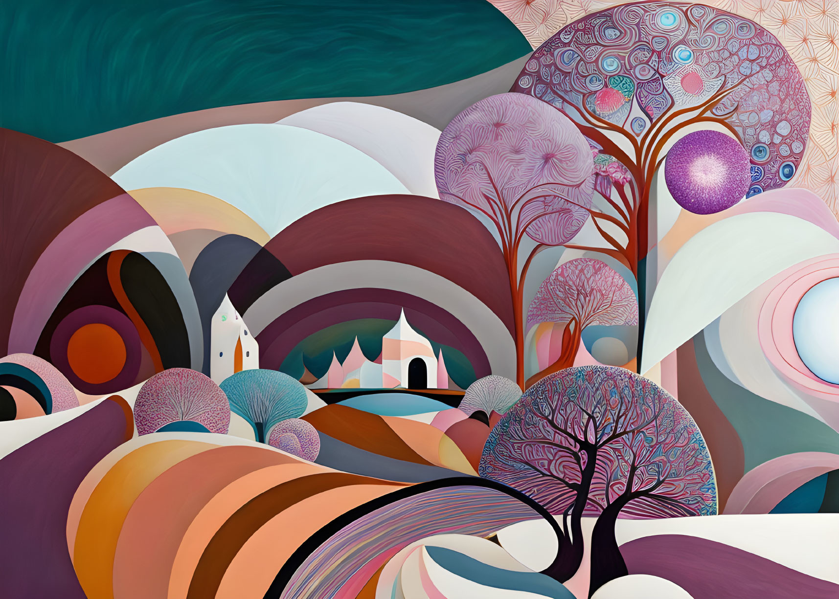 Colorful Abstract Landscape with Hills, Trees, and Village