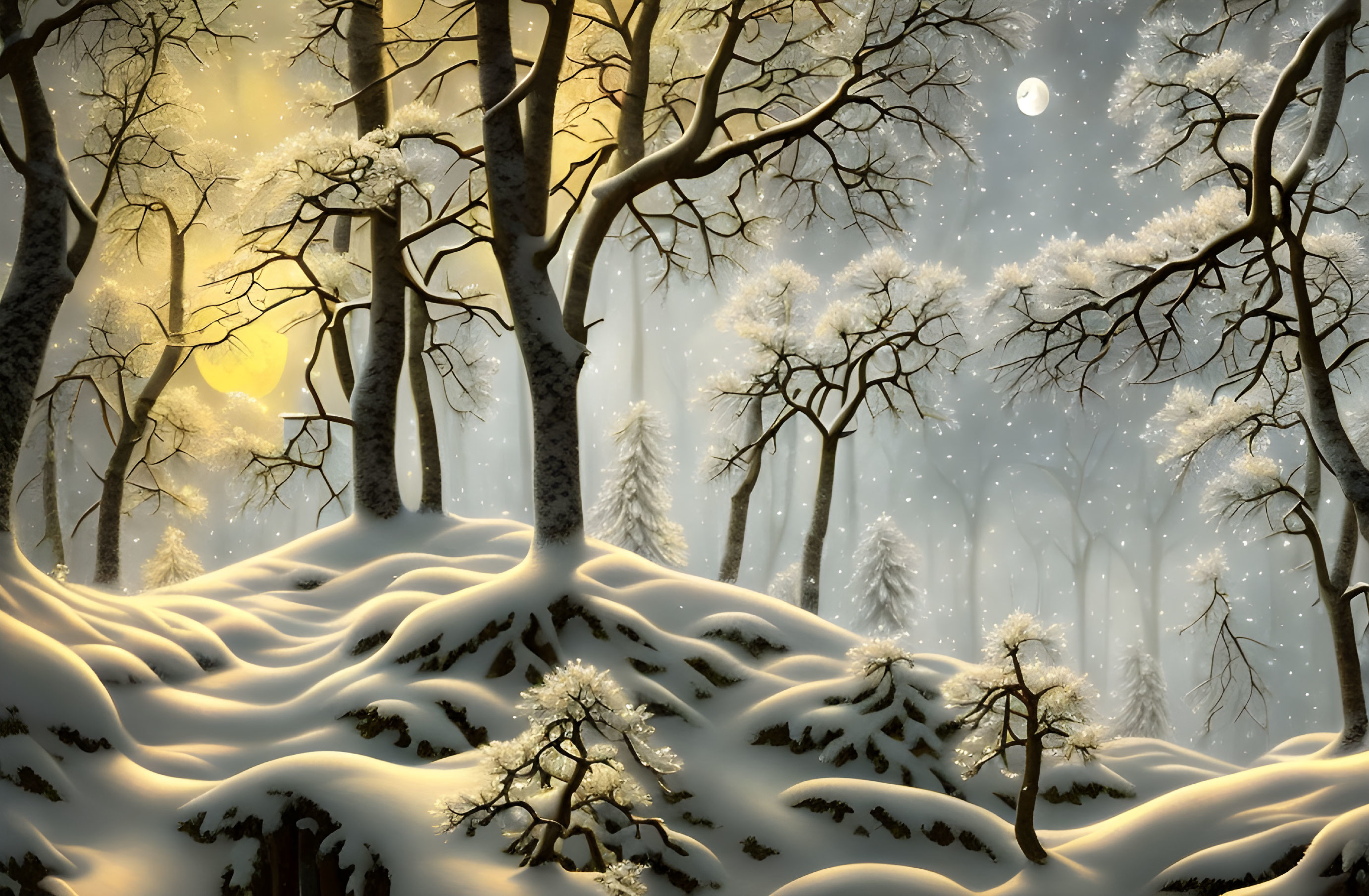 Snowy forest with glowing sunset, falling snowflakes, starry sky, crescent moon