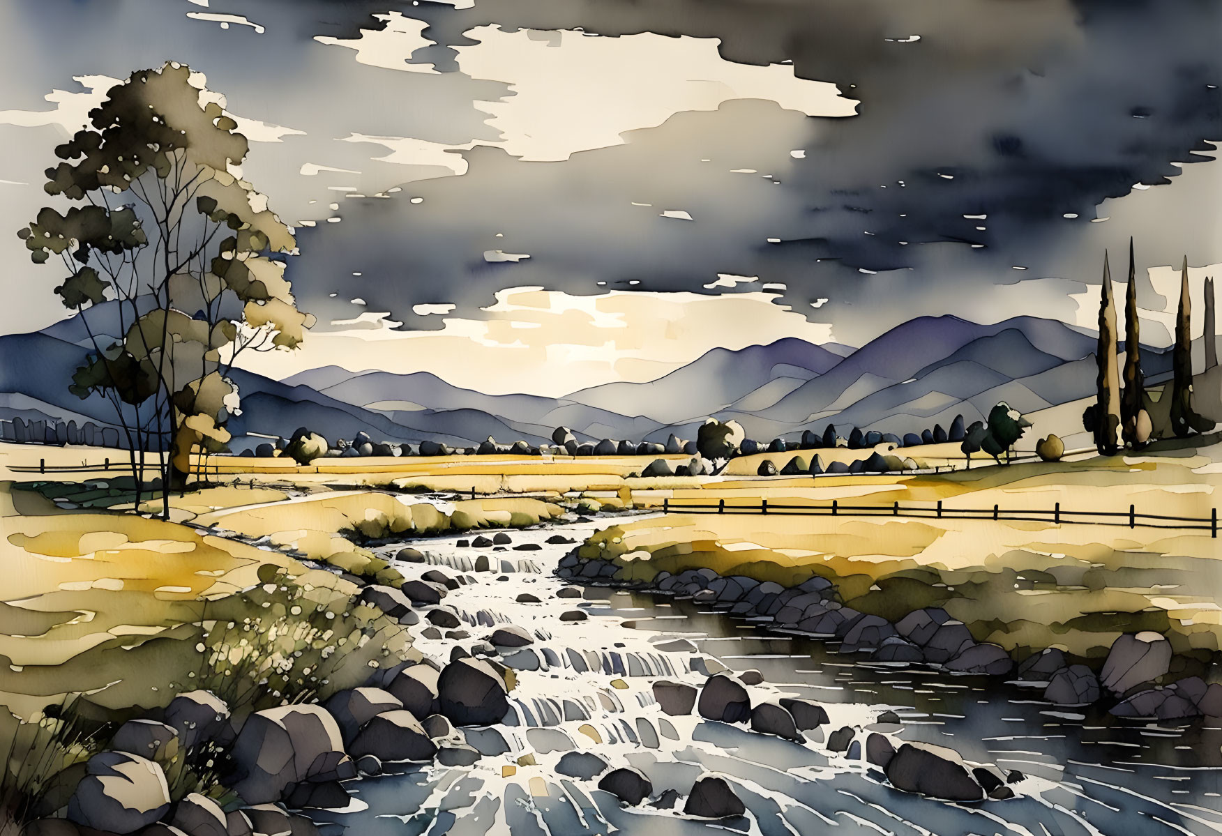 Stylized watercolor landscape with stream, hills, and dramatic clouds