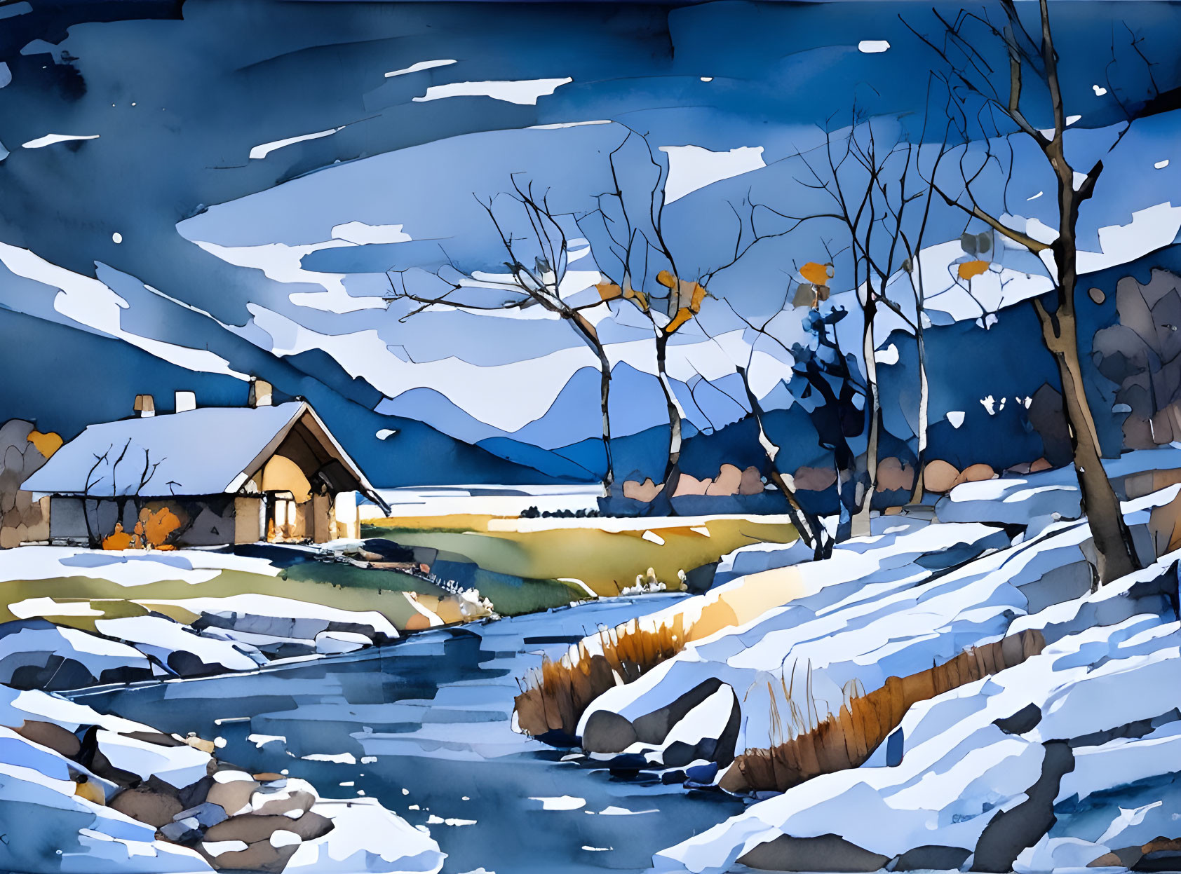 Snowy Cottage Painting with Lit Interior, Bare Trees, and Dusk Sky