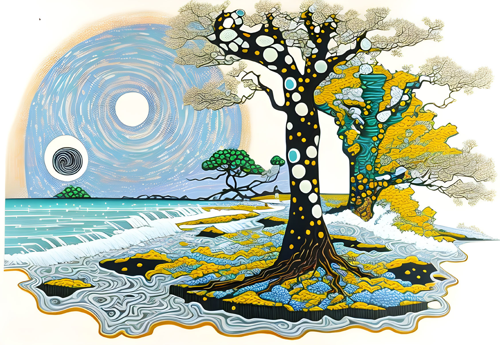 Colorful tree illustration on island with swirling sky.