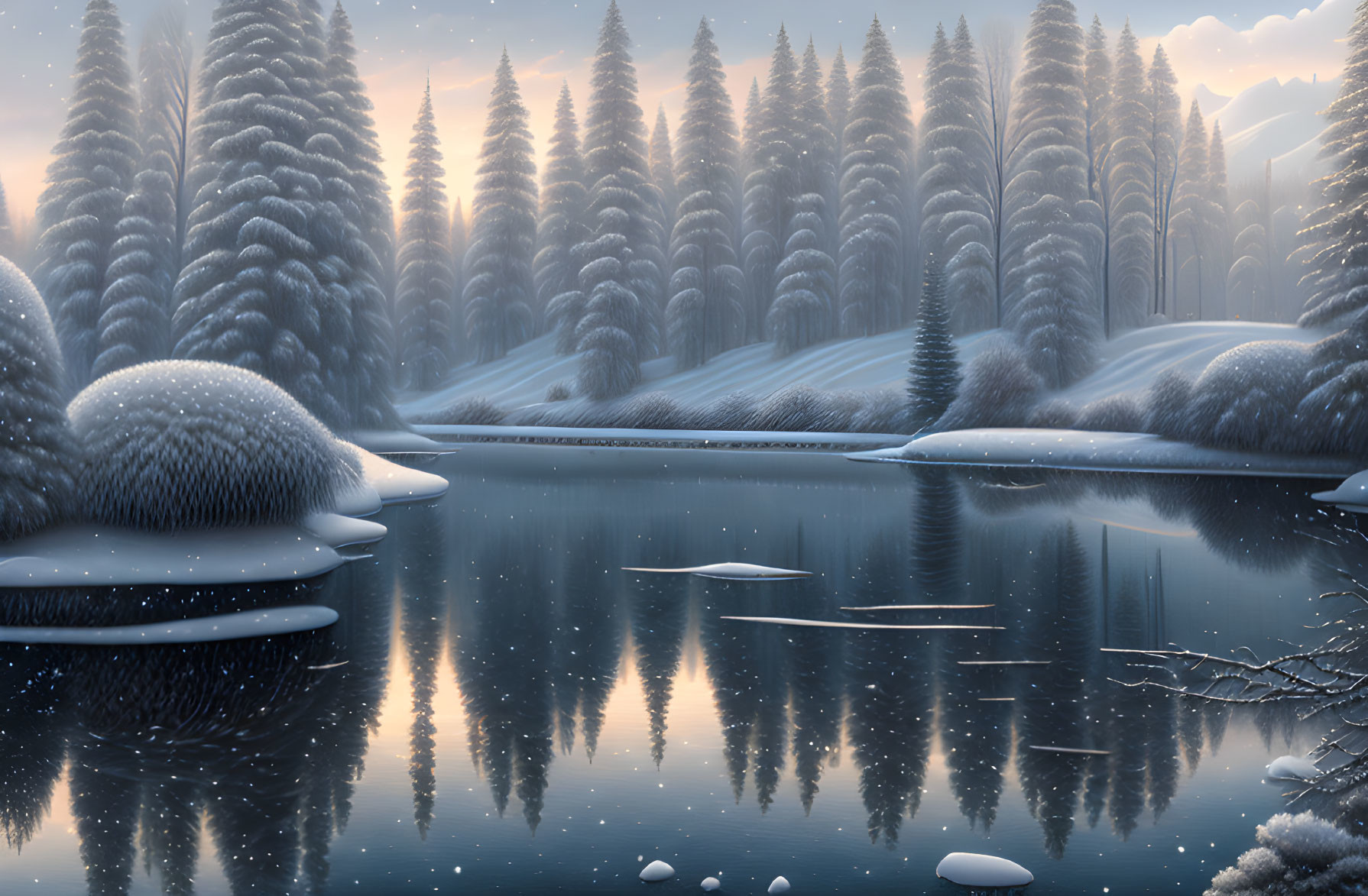 Snow-covered pine trees in serene winter landscape by calm lake