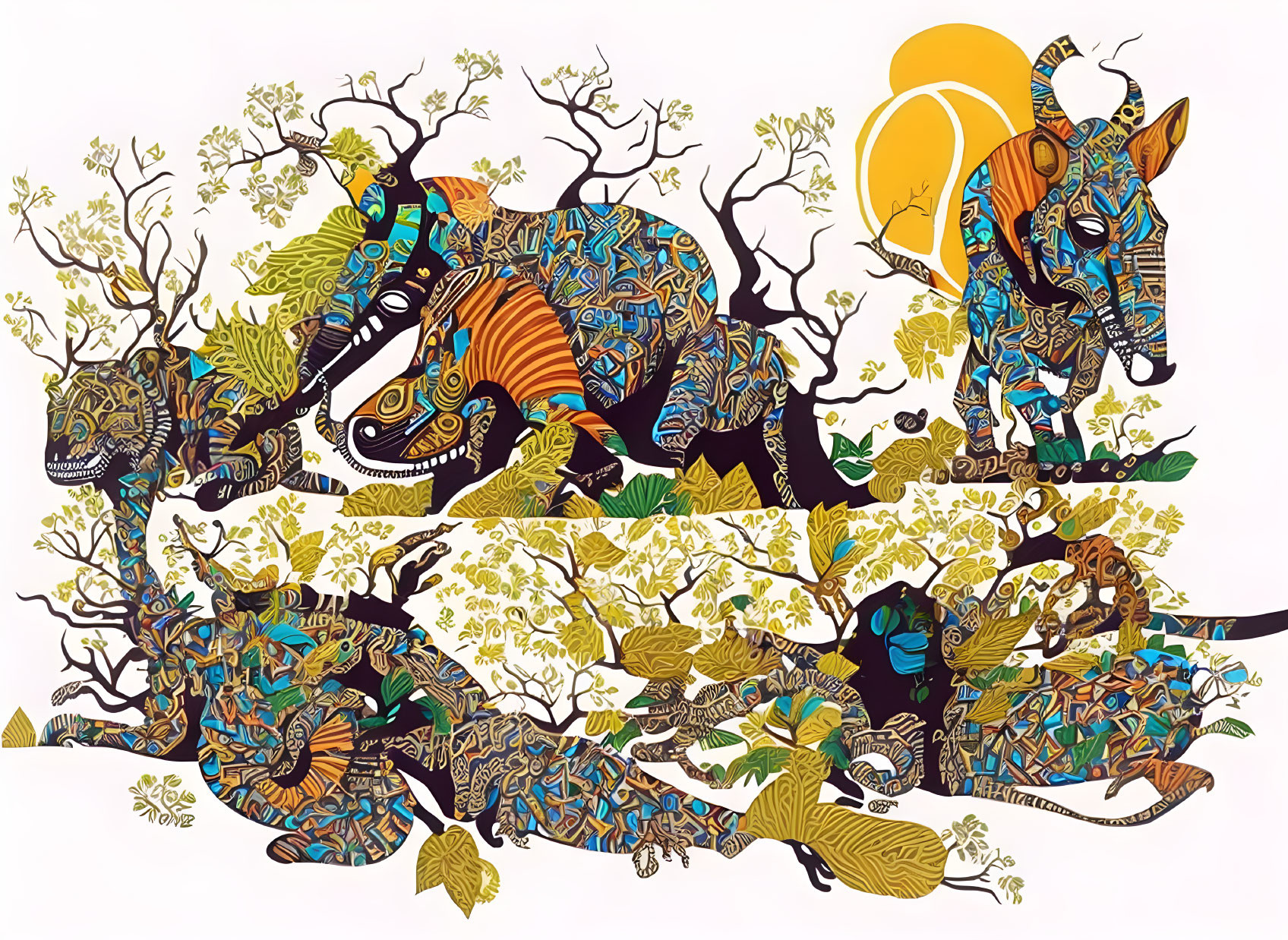 Vibrant wildlife illustration with elephants, rhinos, and leopards in a stylized scene