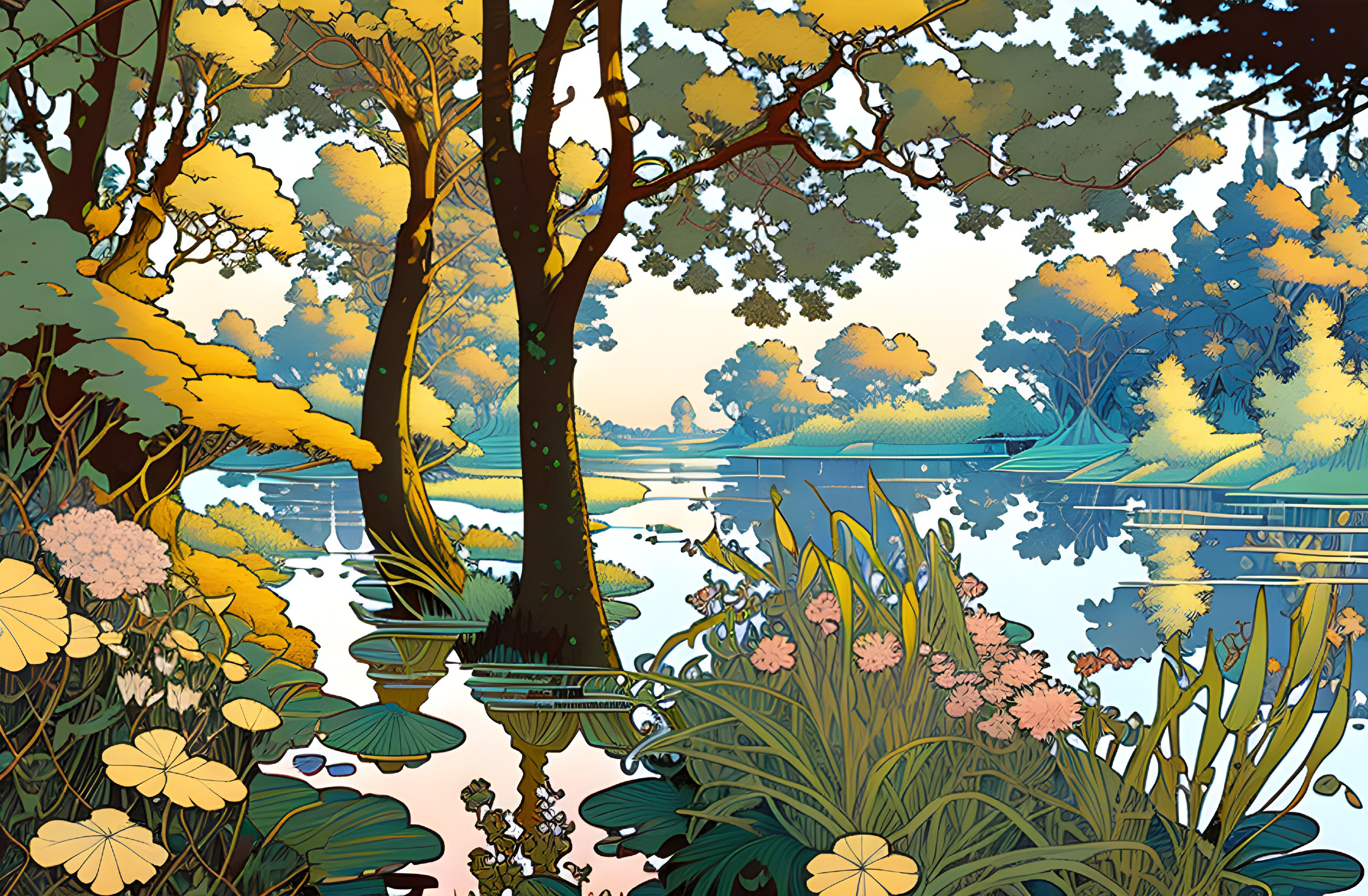 Colorful Woodland Scene with Serene Lake and Lush Vegetation