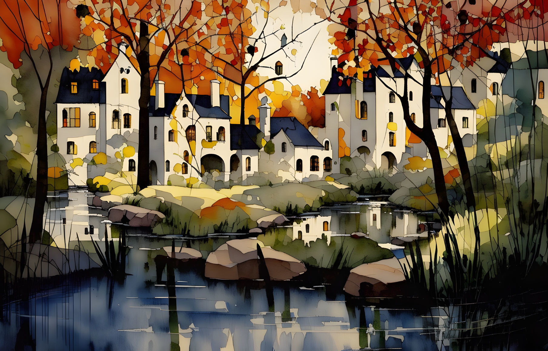 Vibrant autumn village painting with colorful trees by river