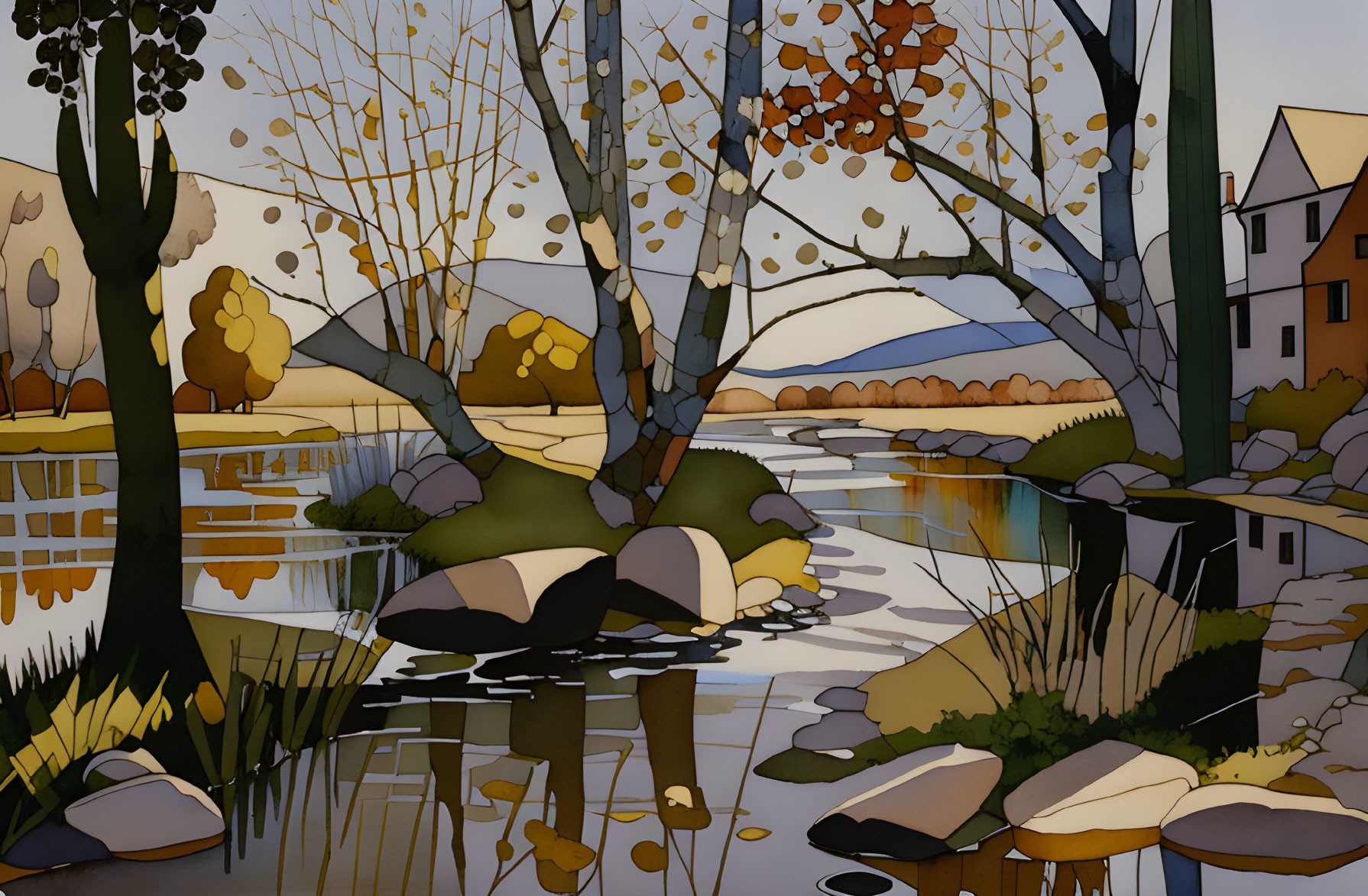 Serene autumn riverside landscape with trees, rocks, reflection, and distant houses.