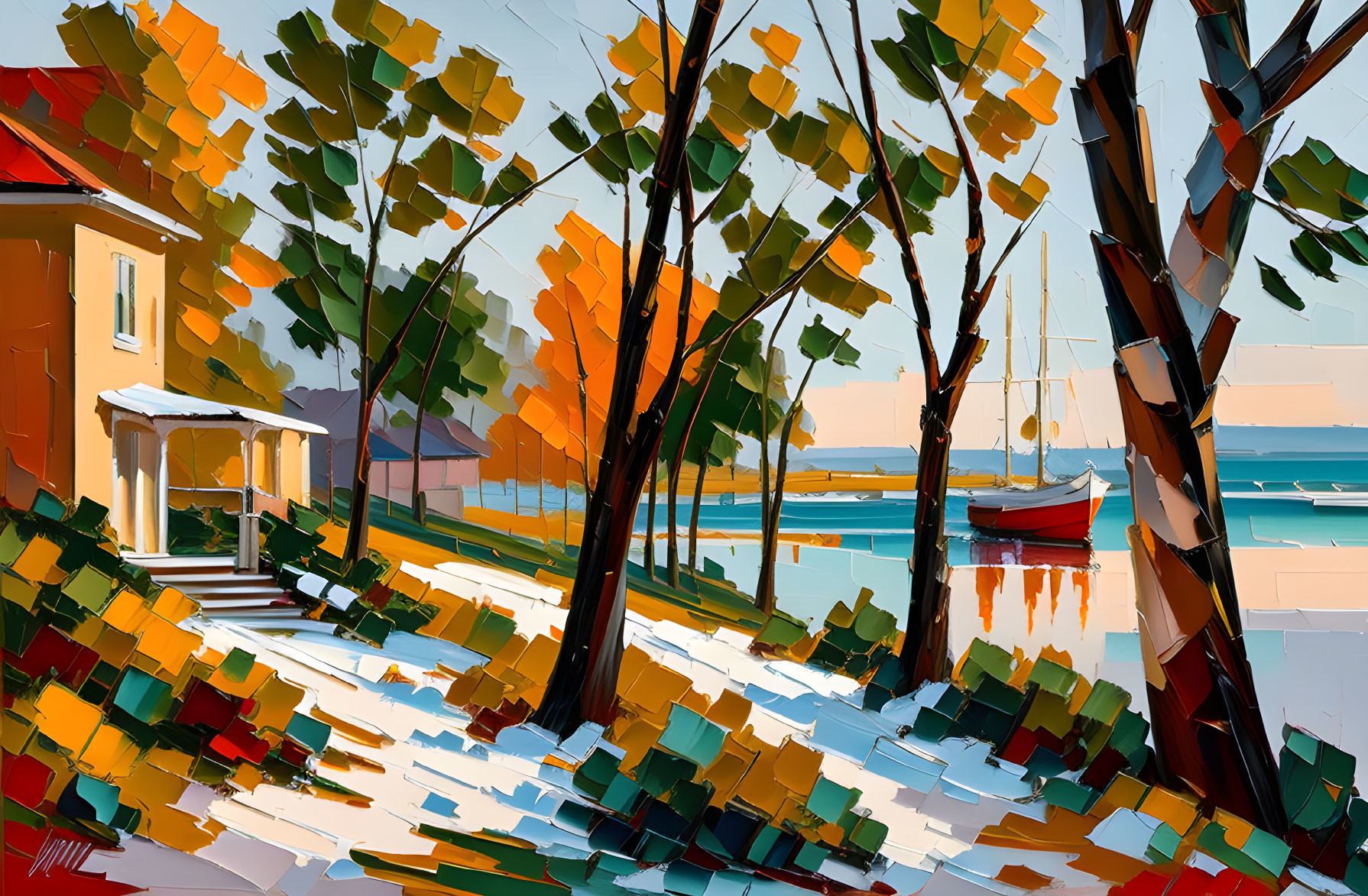 Vibrant seascape painting with boats, autumn trees, and geometric house.