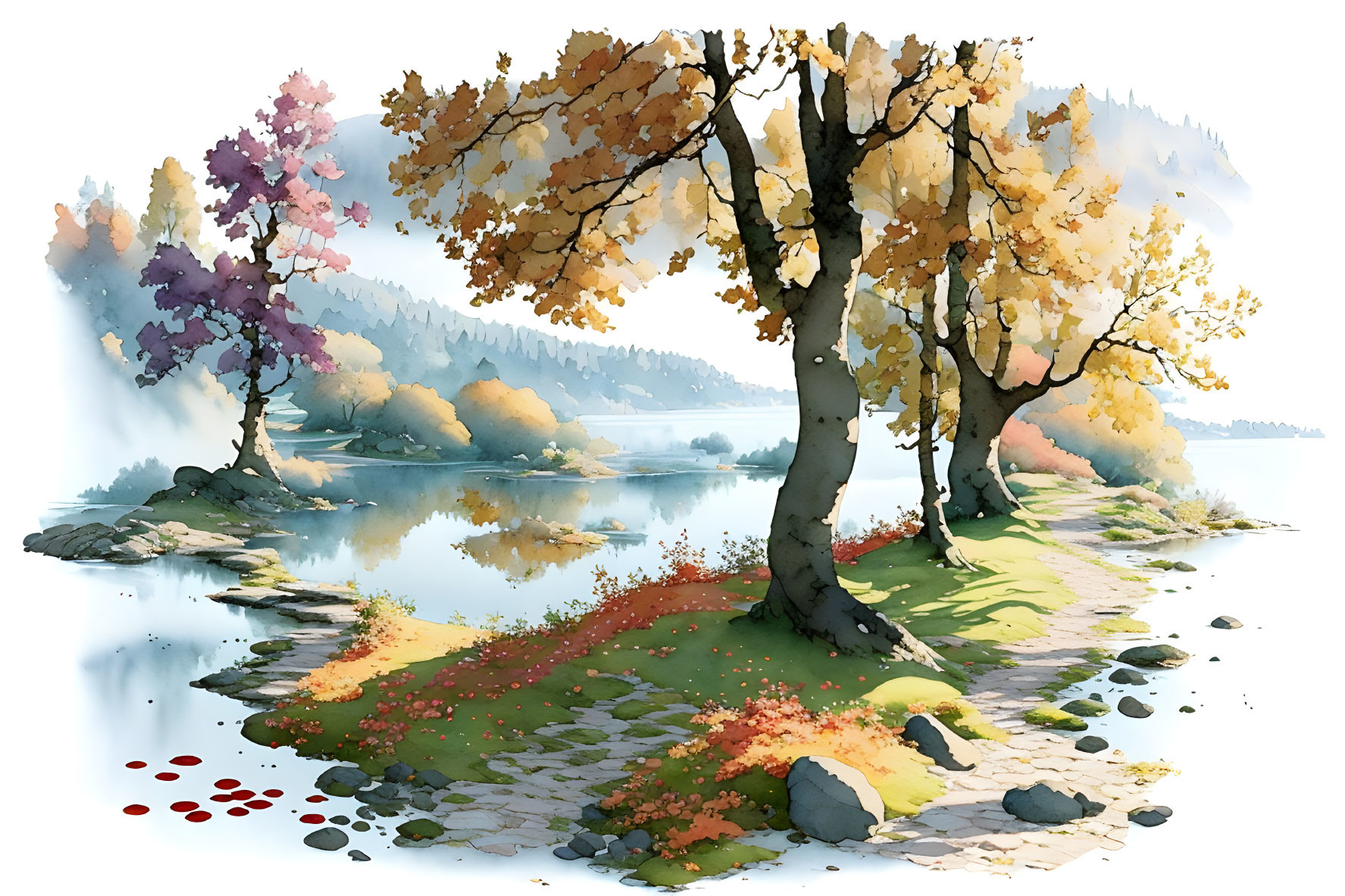 Serene autumn lakeside scene with colorful trees and reflection