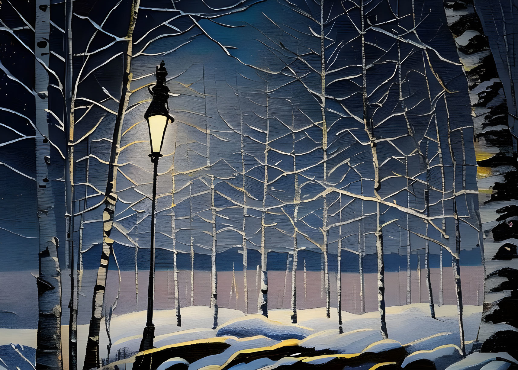 Snow-covered landscape at dusk with tall birch trees and glowing street lamp