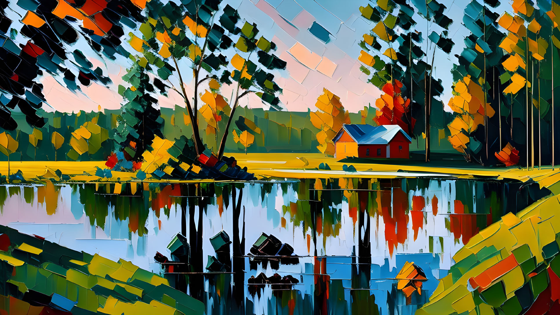 Colorful Cubist-Style Landscape Painting with Reflective Lake