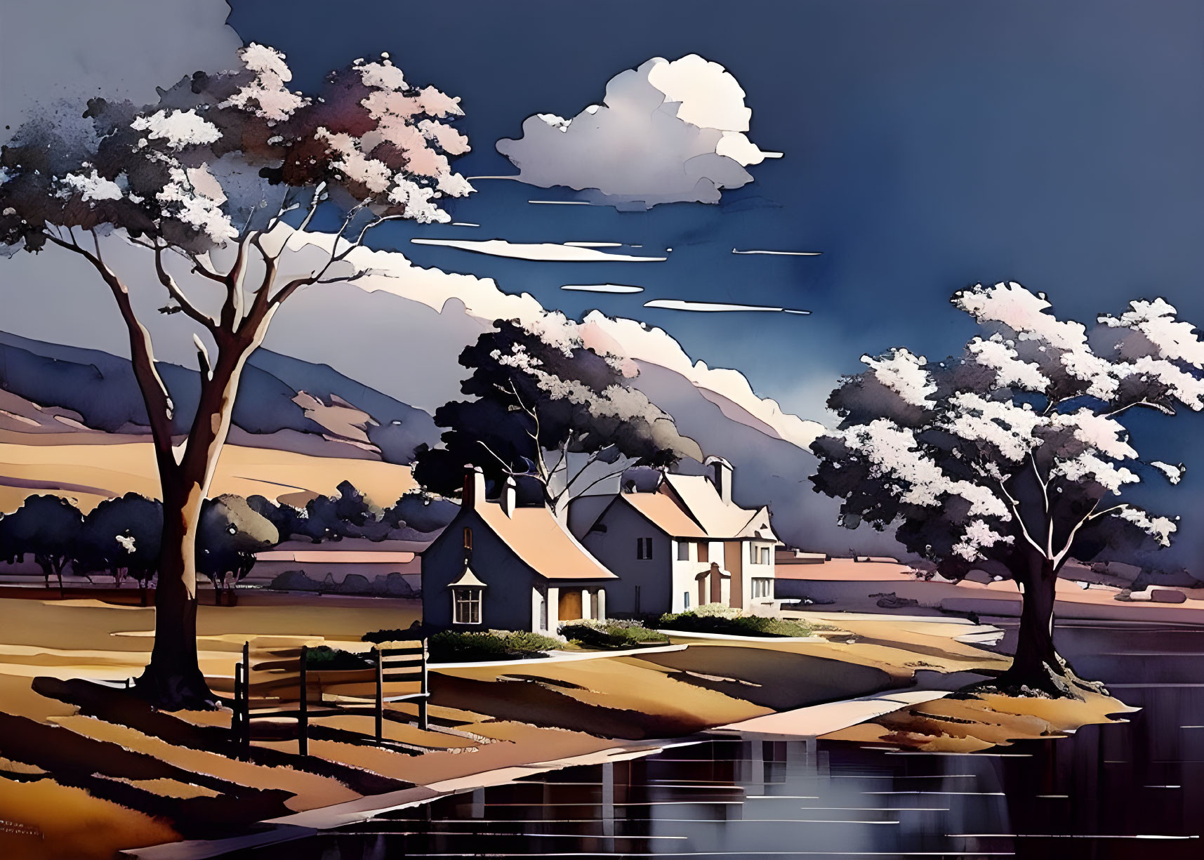 Tranquil rural scene with cottage, road, trees, dusky sky