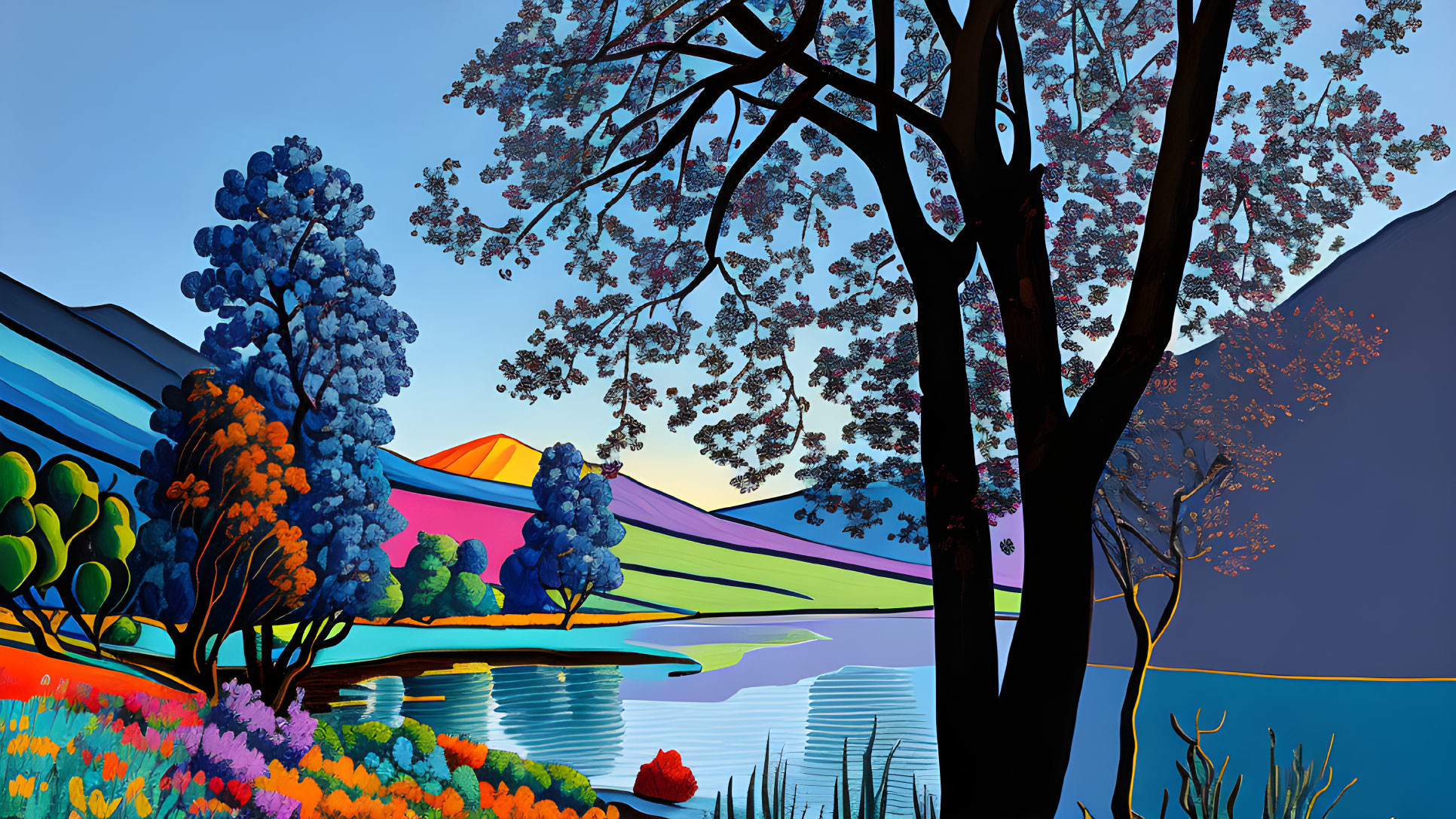 Colorful Geometric Landscape with Lake, Trees, and Sky