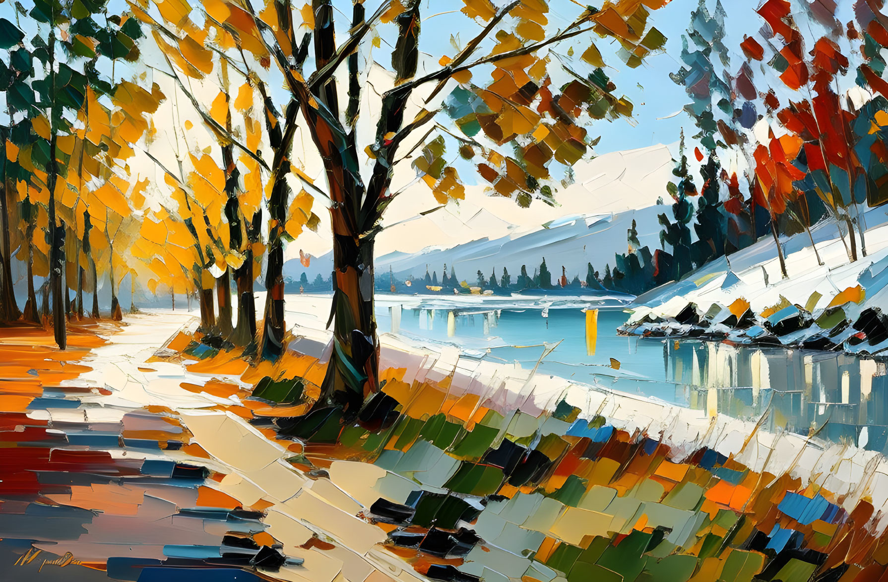 Scenic lakeside path oil painting with autumn trees and mountains reflected on water