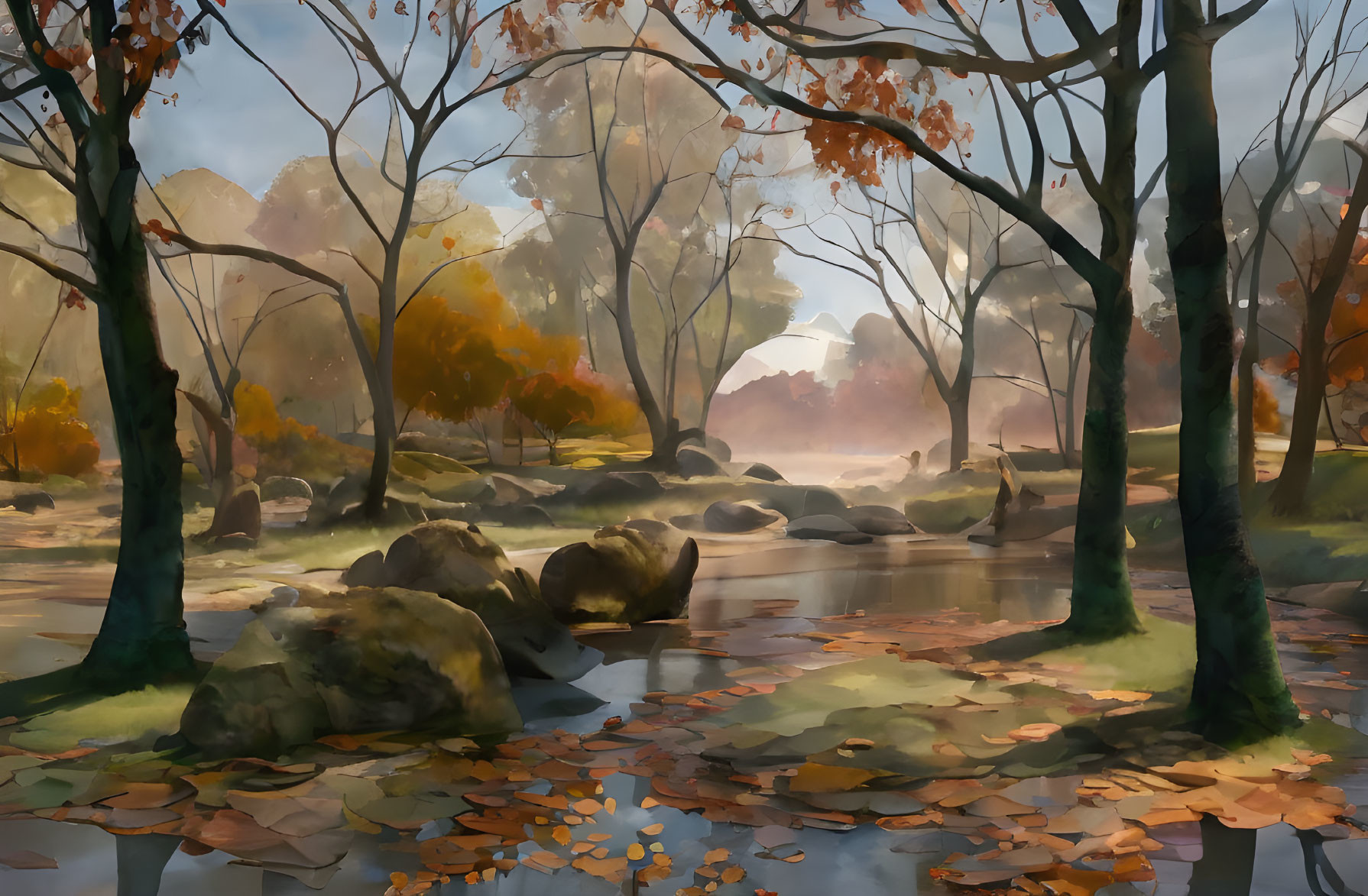 Tranquil autumn river landscape with trees and rocks