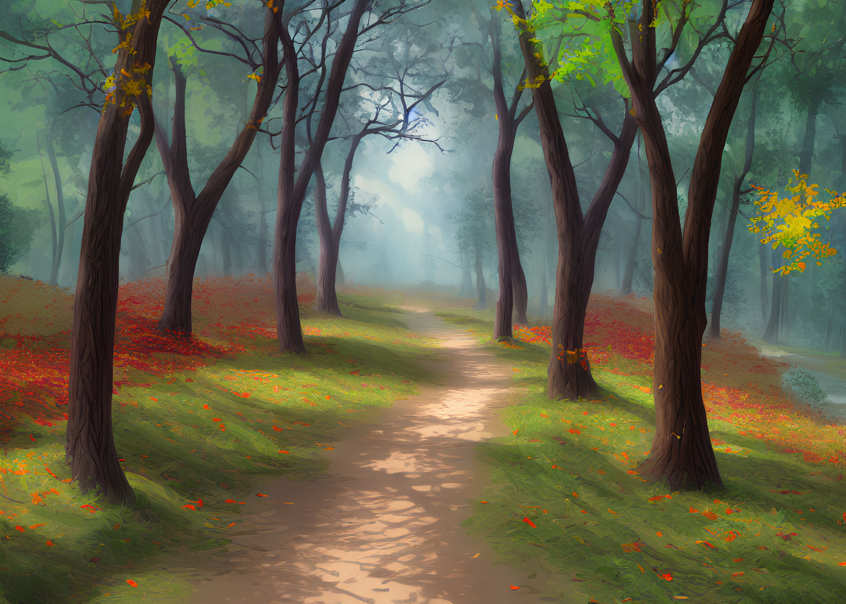 Misty forest path with towering trees and red fallen leaves