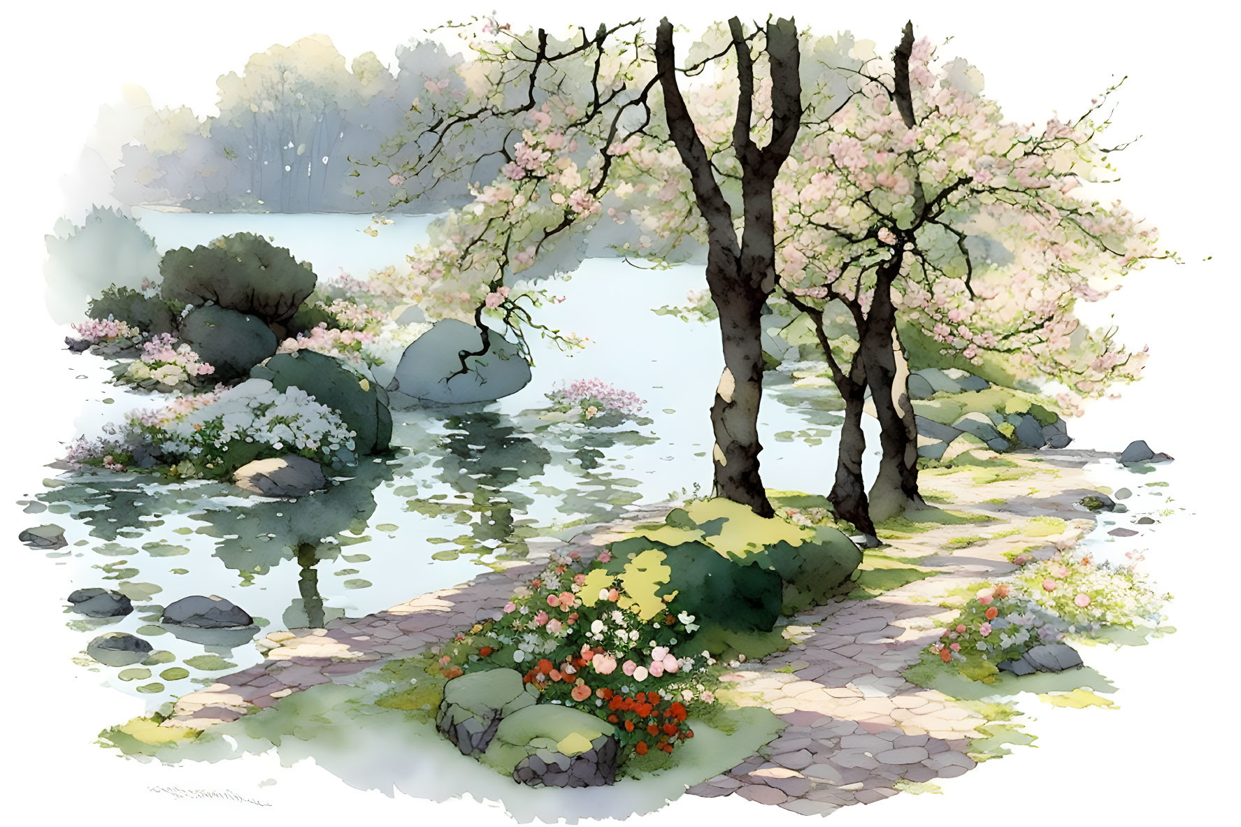 Tranquil watercolor of blossoming spring landscape